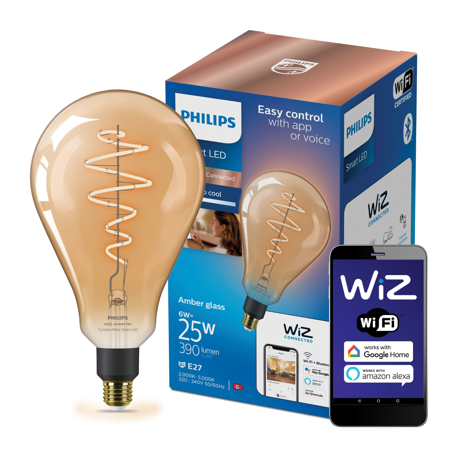 Żarówka LED E27 Gruszka PS160 6W = 25W 390lm 2000-5000K TW FILAMENT Bursztynowa Inteligentna SMART WiFi Bluetooth Aplikacja WiZ Philips - główne zdjęcie produktu