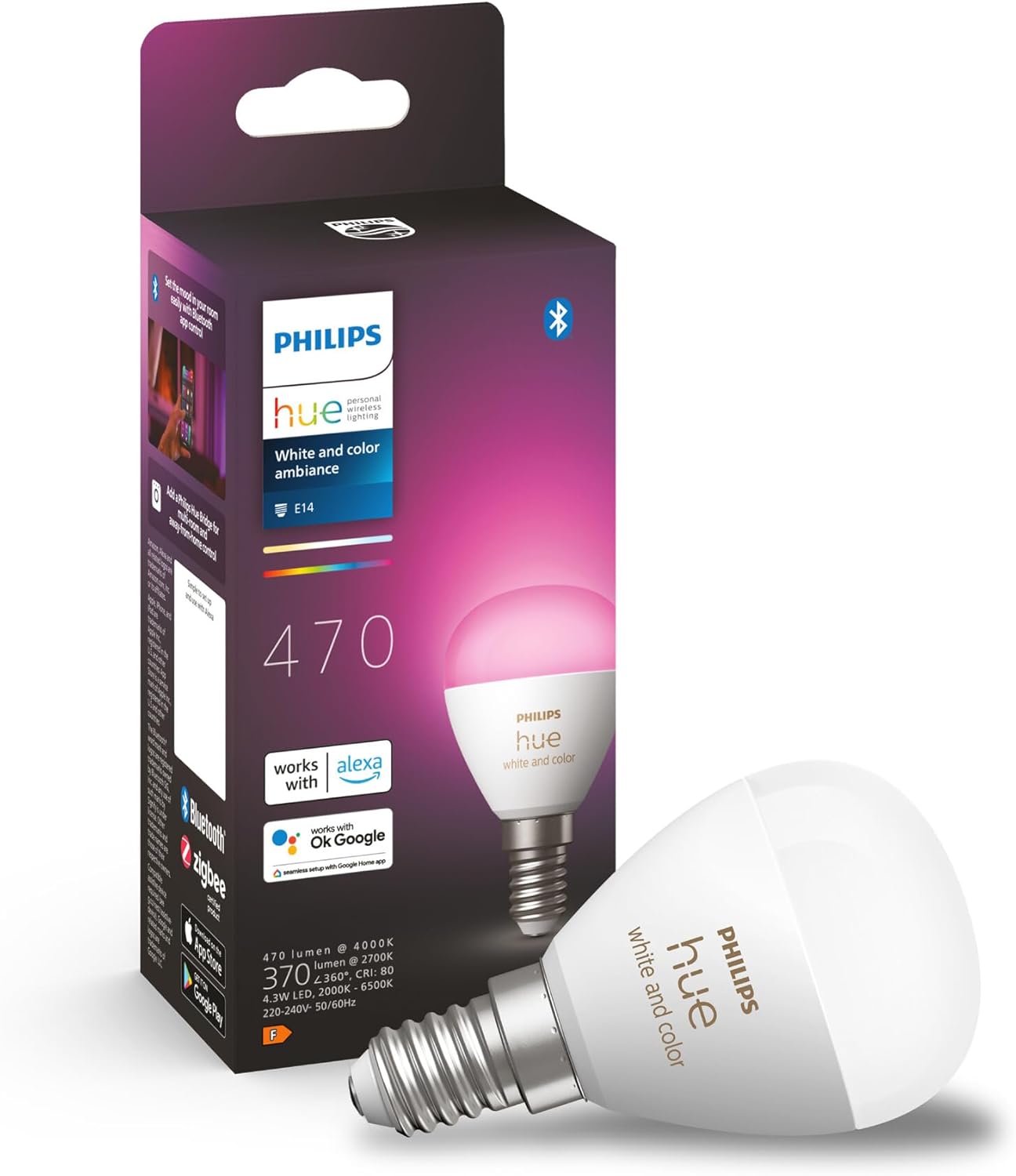 Żarówka LED E14 Kulka P45 5.1W = 40W 470lm 2000-6500K CCT + RGB SMART Inteligentna Bluetooth ZigBee White and Color Ambiance Philips HUE - główne zdjęcie produktu