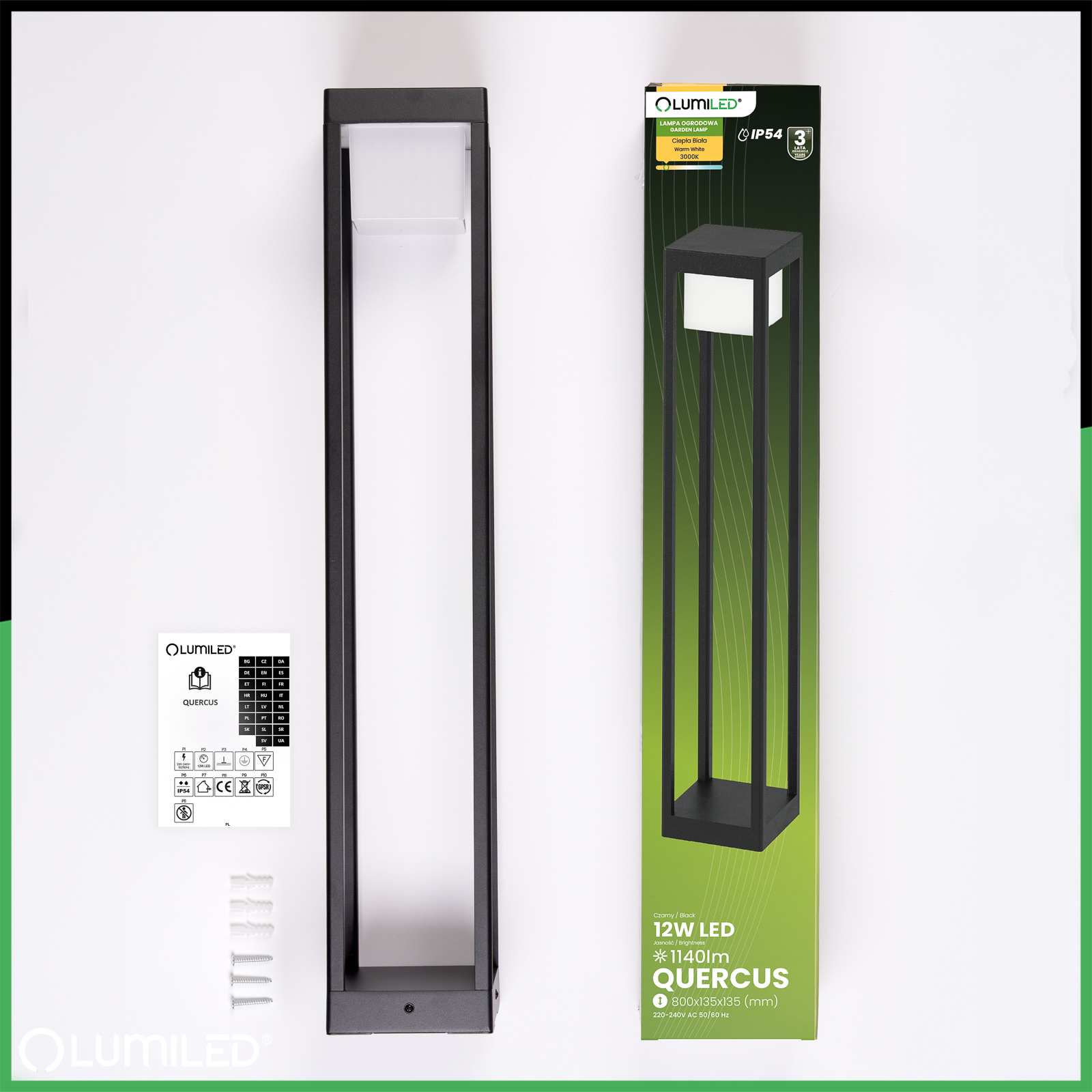 Lampa Ogrodowa Słupek Zewnętrzny Stojący LED 12W 3000K 80cm Czarny QUERCUS LUMILED - skład produktu