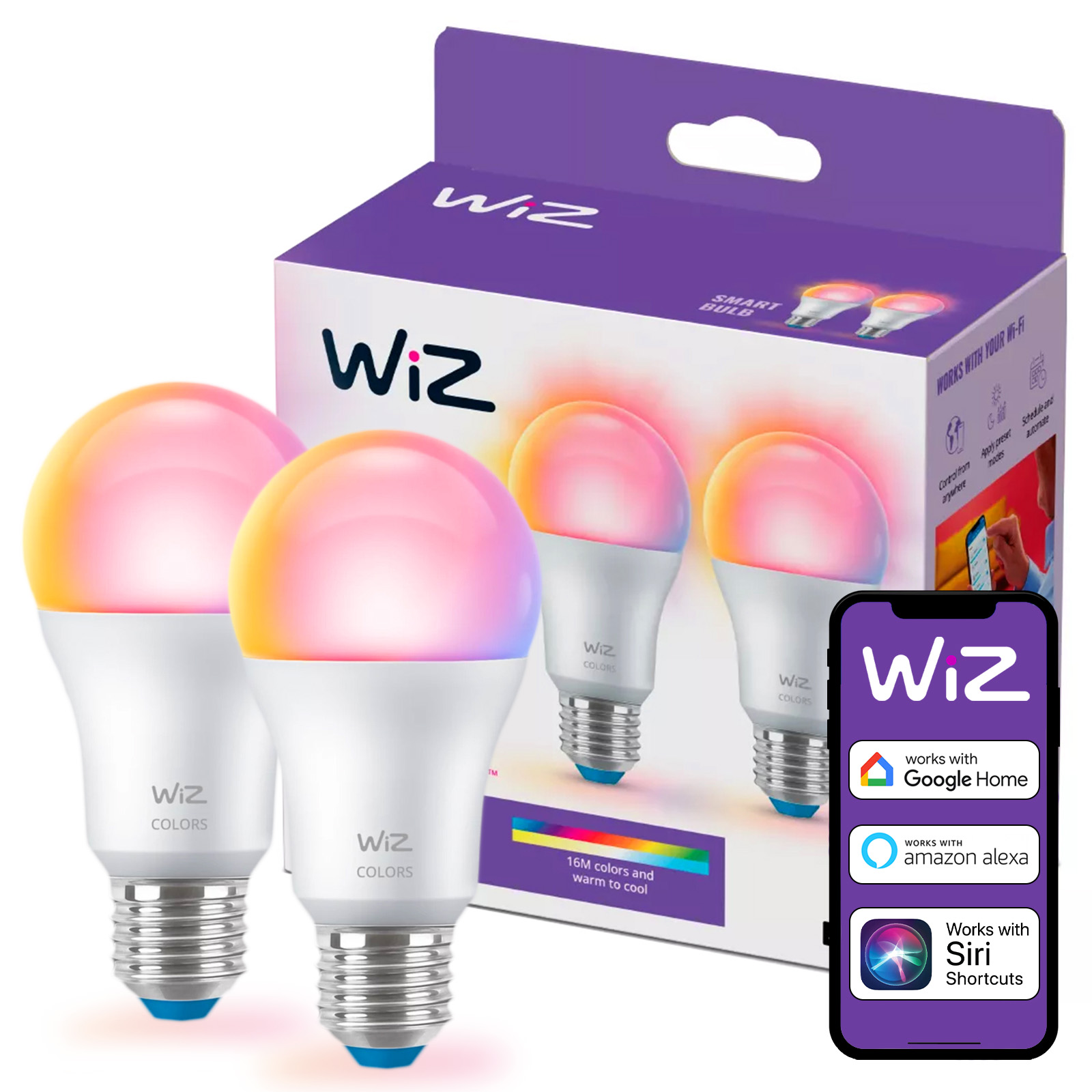 2x Żarówka LED E27 A60 8.5W = 60W 806lm 2200-6500K RGB + TW Inteligentna SMART WiFi Bluetooth Aplikacja WiZ - główne zdjęcie produktu