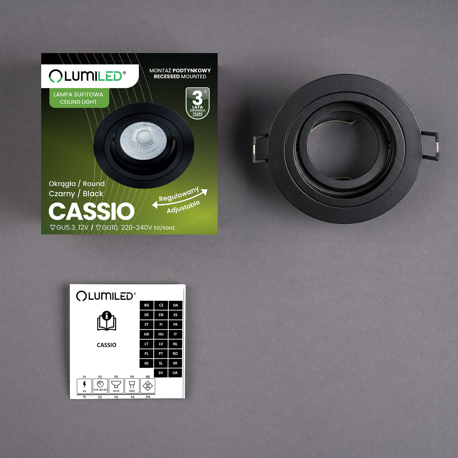 Oprawa HALOGENOWA Podtynkowa Ruchoma GU10 MR16 Okrągła Czarna CASSIO LUMILED - skład produktu