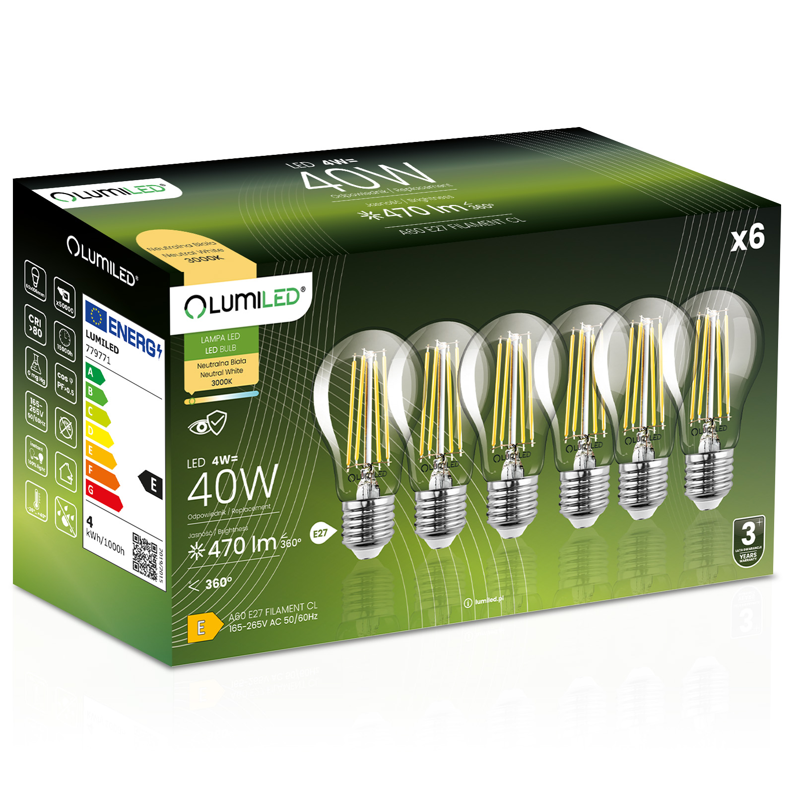 6x Żarówka LED E27 A60 4W = 40W 470lm 3000K Ciepła 360° FILAMENT LUMILED - główne zdjęcie produktu