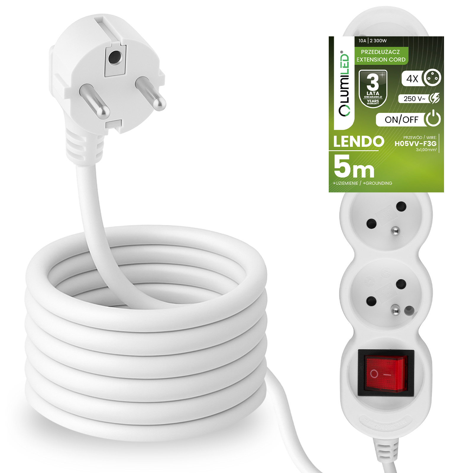 Przedłużacz Sieciowy Kabel z Uziemieniem Listwa Zasilająca 4 Gniazda 5m Włącznik ON/OFF Biały Sznur Lendo Lumiled - główne zdjęcie produktu