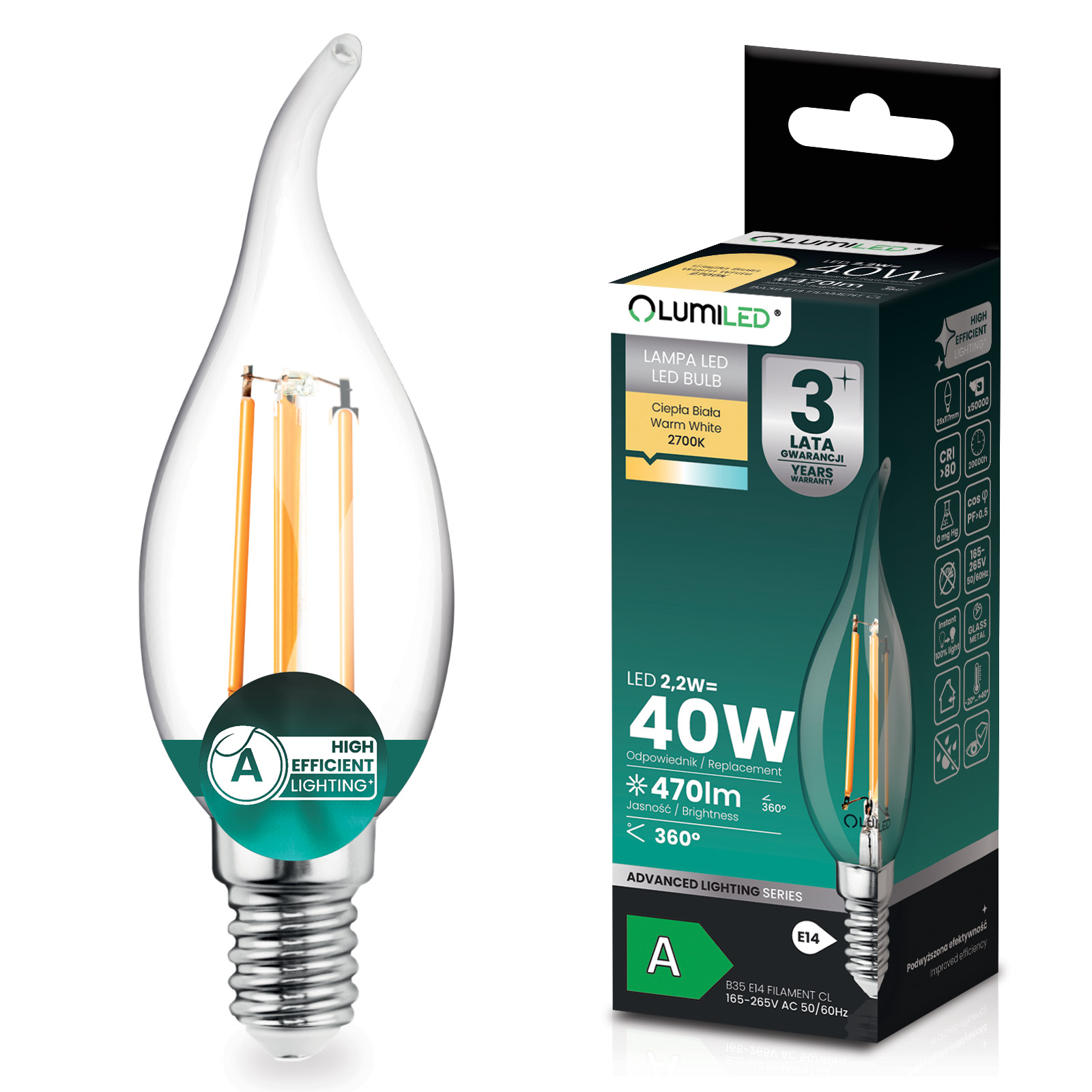Żarówka LED E14 Świeczka BA35 2,2W 470lm = 40W 2700K Ciepła 360° Filament KLASA A LUMILED - główne zdjęcie produktu