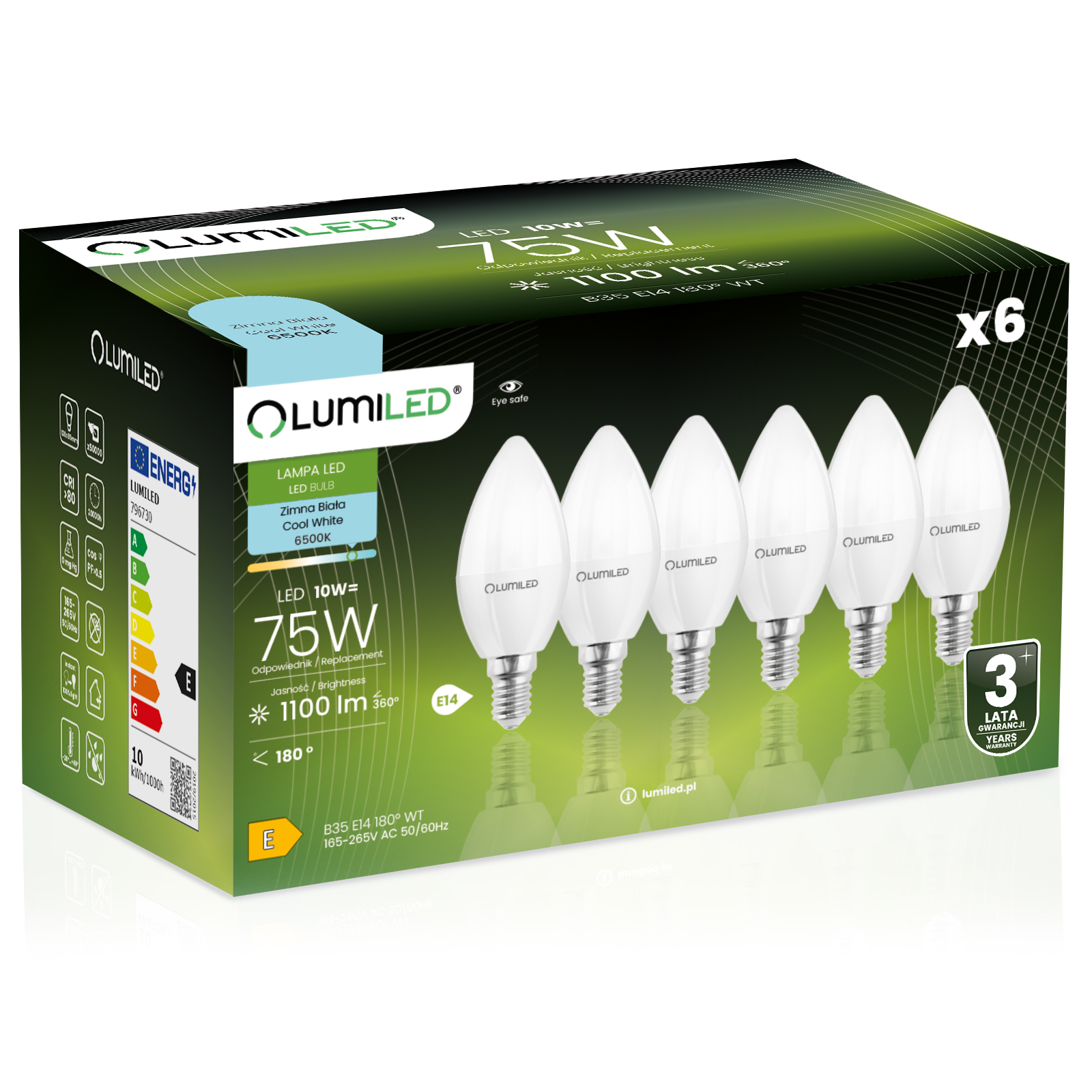 6x Żarówka LED E14 Świeczka B35 10W = 75W 1100lm 6500K Zimna 180° LUMILED - główne zdjęcie produktu