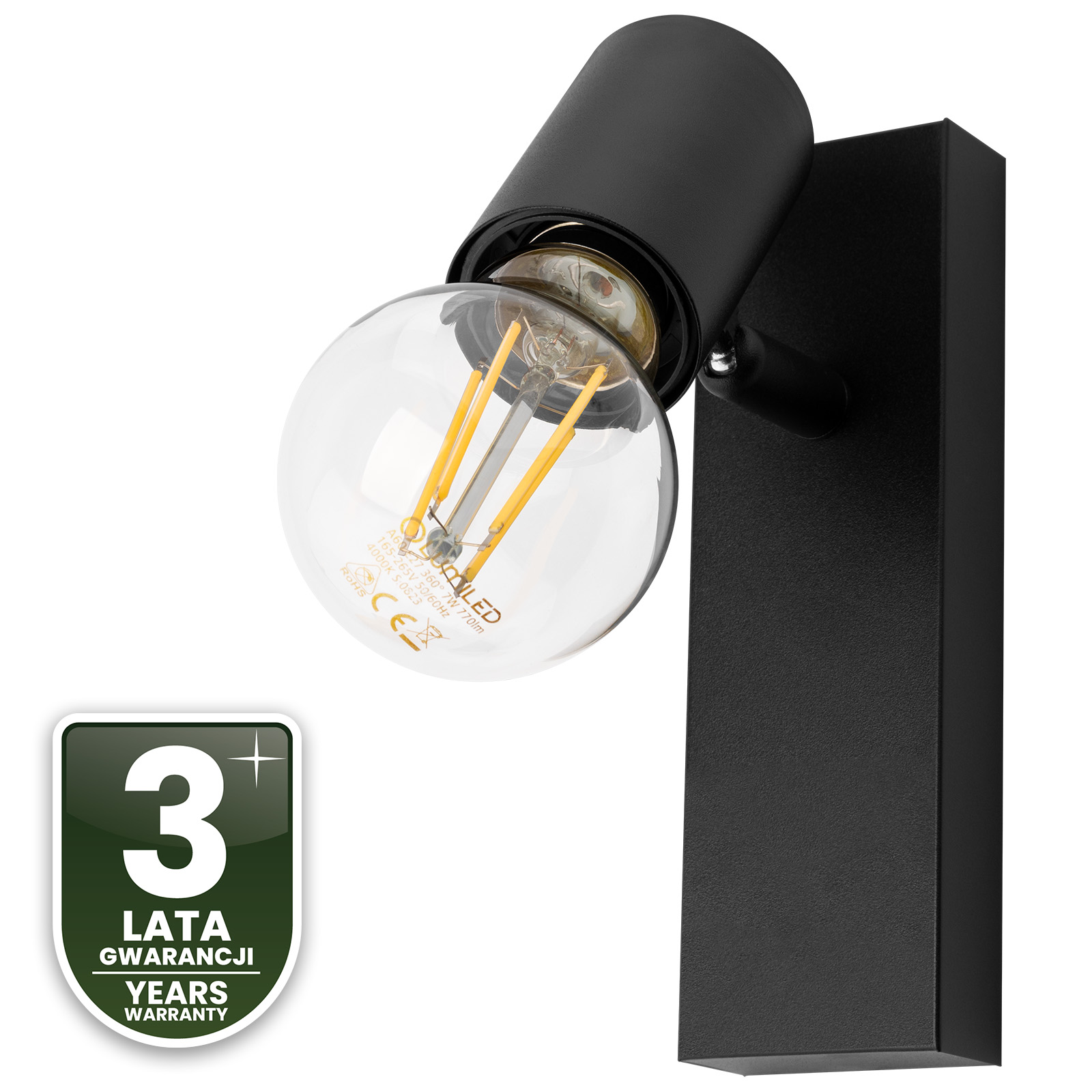 Lampa Ścienna Reflektor LED Sufitowa Ruchoma Kinkiet Spot E27 GLASA Czarna Lumiled - czwarta cecha produktu