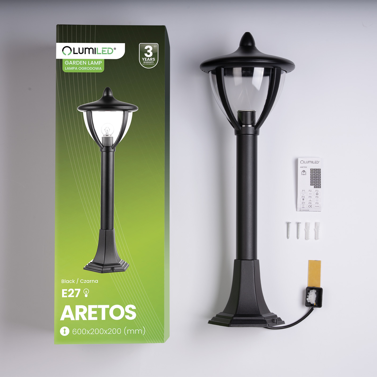 Lampa Ogrodowa Słupek Zewnętrzny Stojący E27 LED Latarnia ARETOS 60cm LUMILED - skład produktu