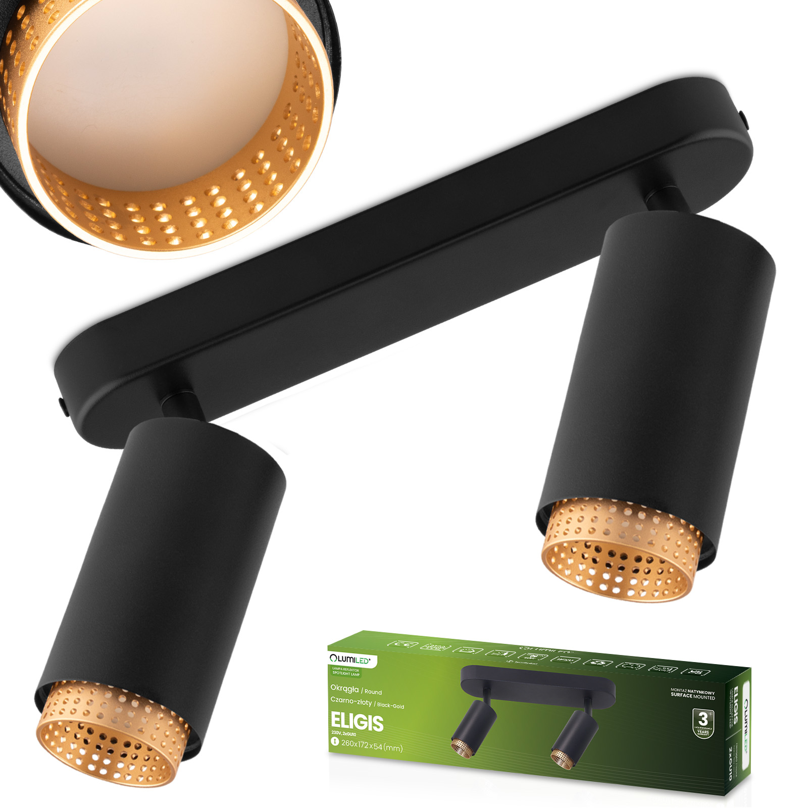 Lampa Sufitowa Reflektor LED 2x GU10 Tuba Spot ELIGIS Czarny LUMILED - główne zdjęcie produktu