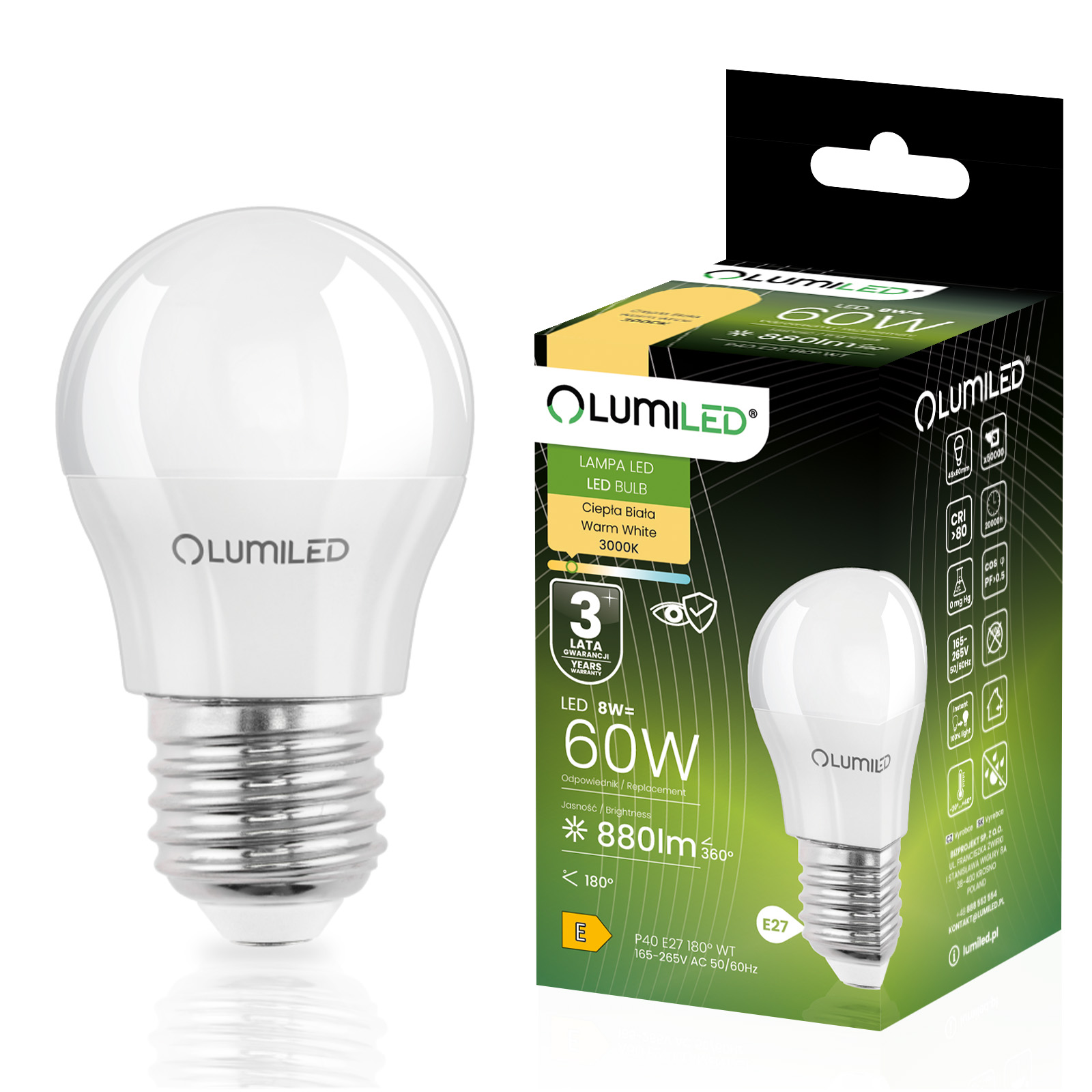 Żarówka LED E27 Kulka P45 8W = 60W 880lm 3000K Ciepła 180° LUMILED - główne zdjęcie produktu