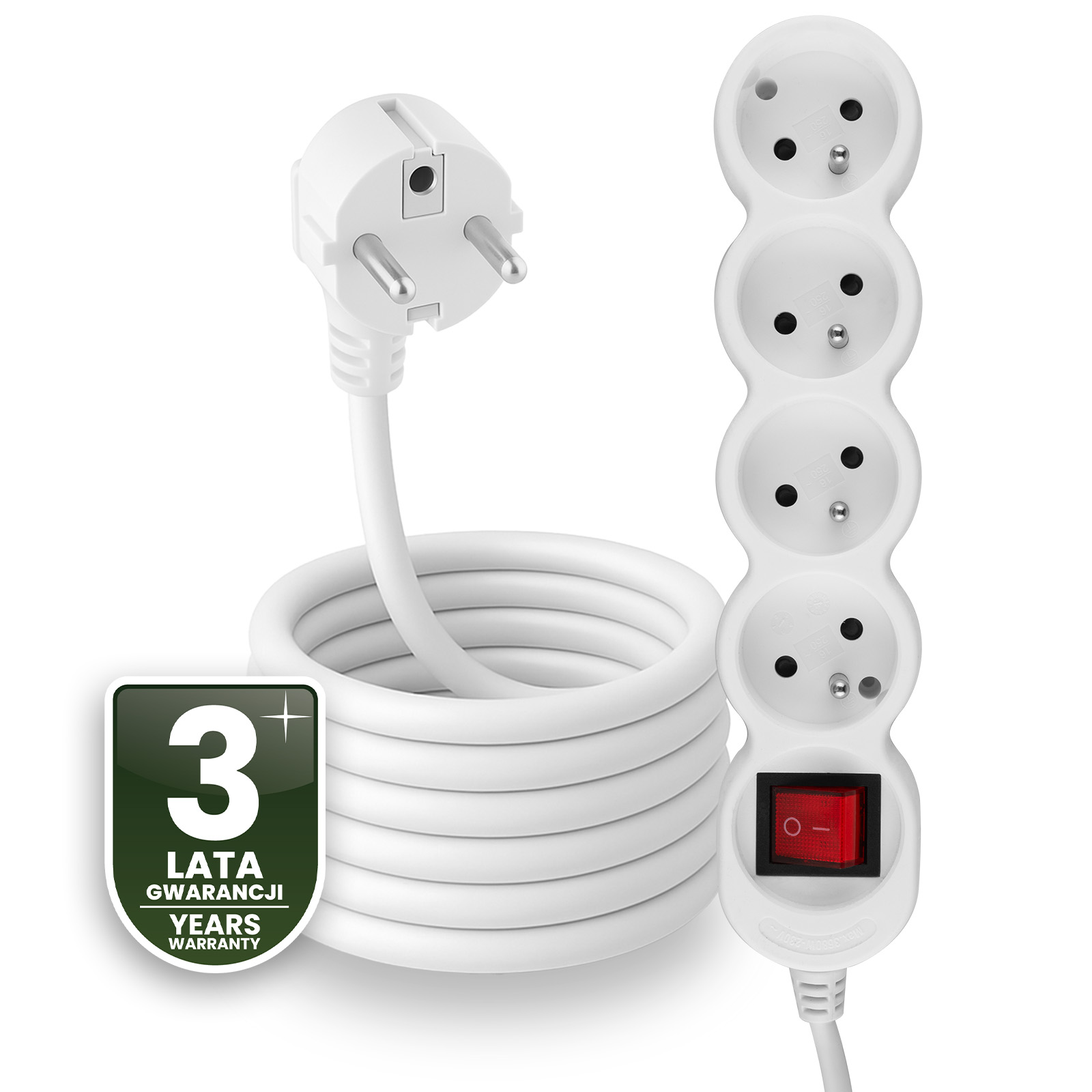 Przedłużacz Sieciowy Kabel z Uziemieniem Listwa Zasilająca 4 Gniazda 5m Włącznik ON/OFF Biały Sznur Lendo Lumiled - czwarta cecha produktu
