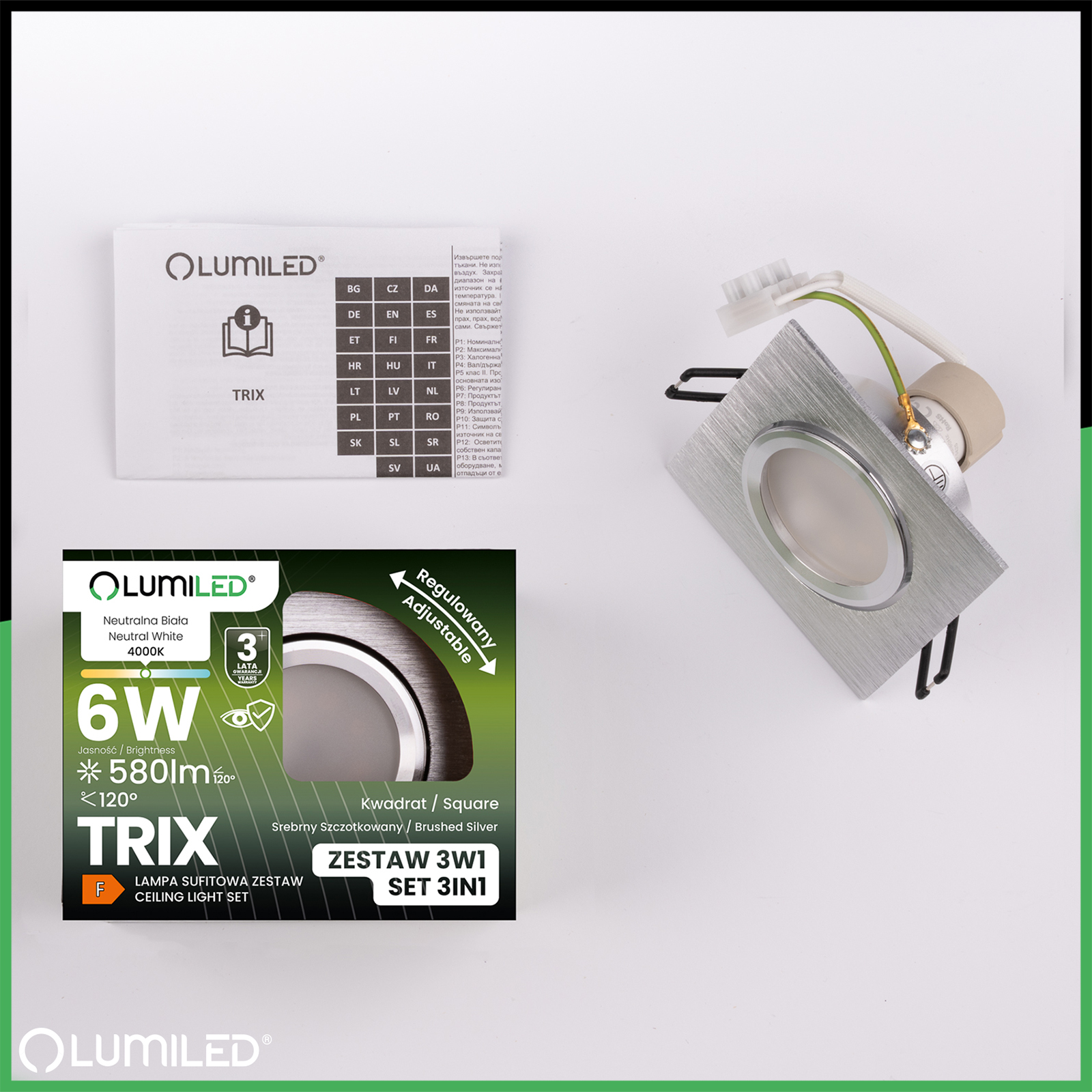 Oprawa Halogenowa Podtynkowa Kwadratowa Ruchoma TRIX 3w1 GU10 6W 4000K Srebrna Szczotkowana LUMILED - skład produktu