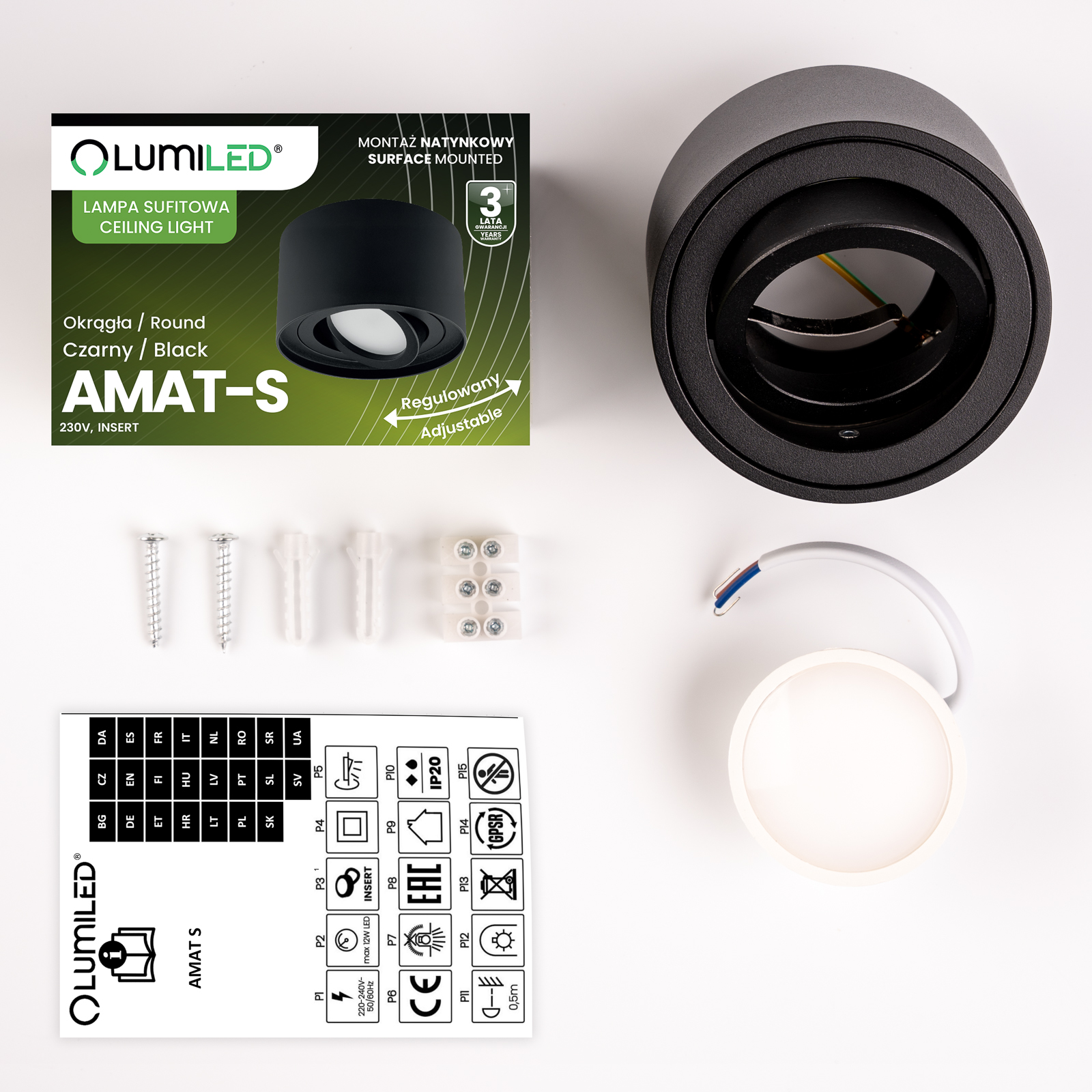 Oprawa Natynkowa HALOGENOWA Tuba Spot Ruchoma Okrągła Czarna 50mm + Wkład LED 5W 3000K  AMAT-S LUMILED - skład produktu