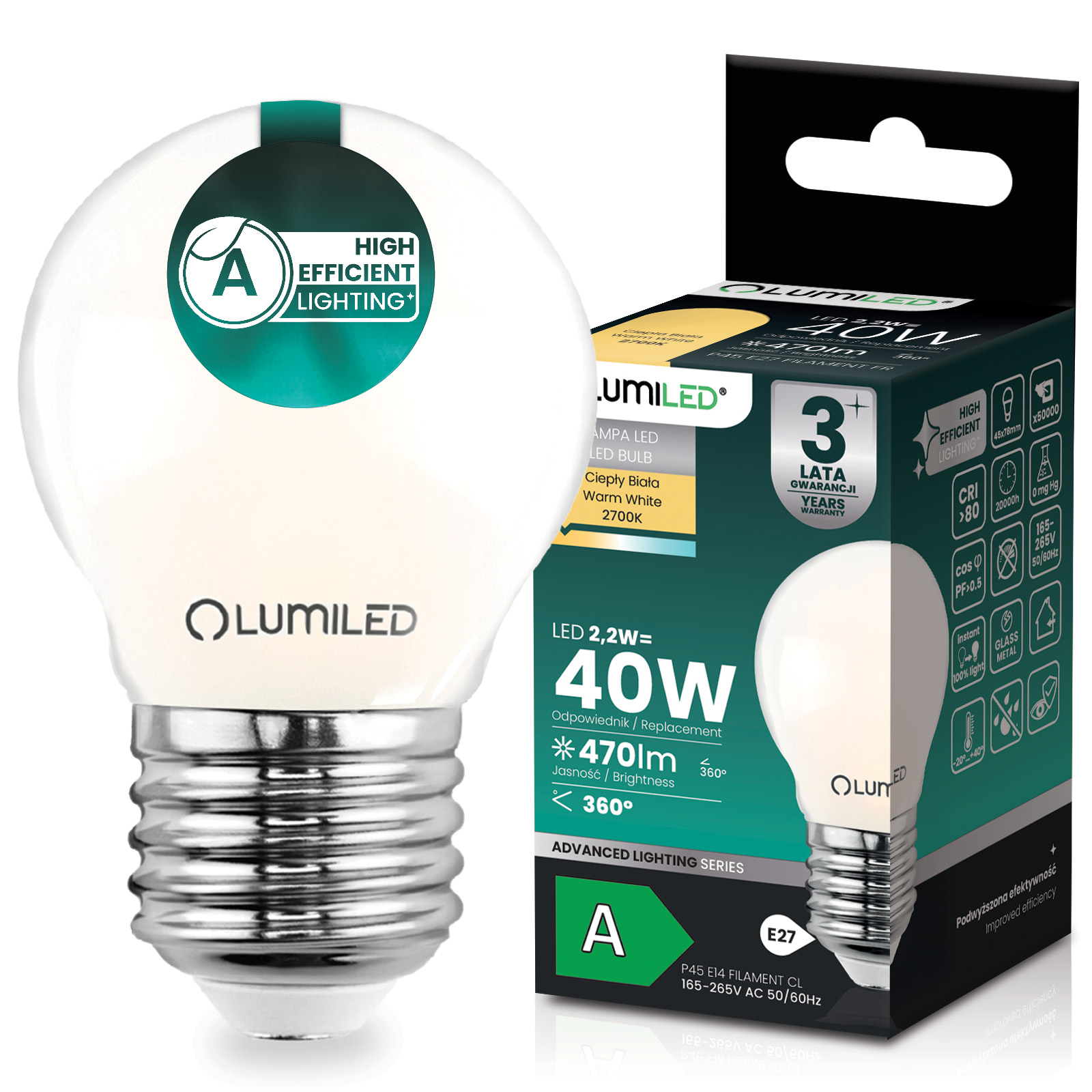 Żarówka LED E27 Kulka P45 2,2W 470lm = 40W 2700K Ciepła 360° Filament KLASA A LUMILED - główne zdjęcie produktu