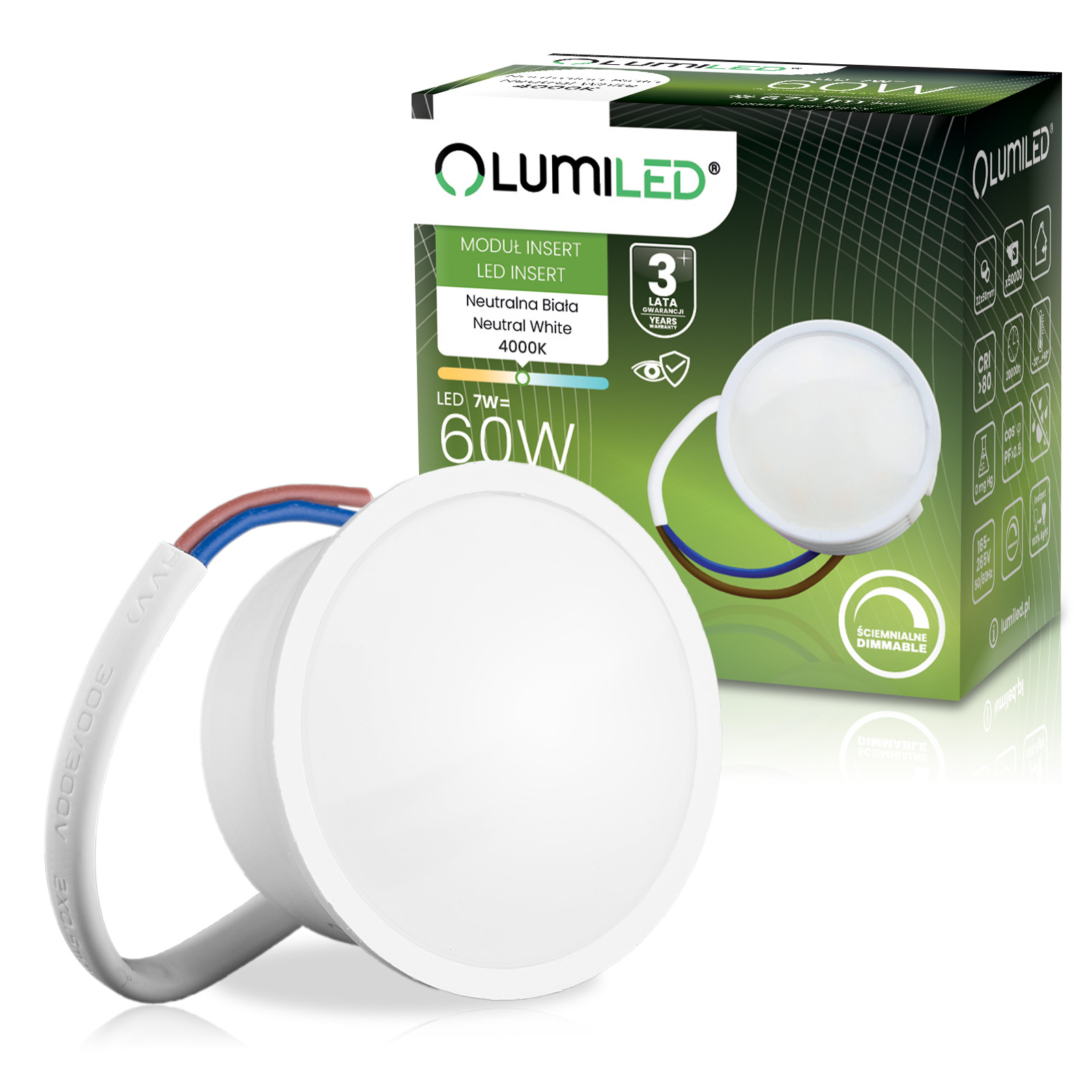 Wkład do Opraw LED Żarówka Moduł INSERT Reflektor 7W = 60W 670lm 4000K Neutralna 120° Ściemnialna LUMILED - główne zdjęcie produktu