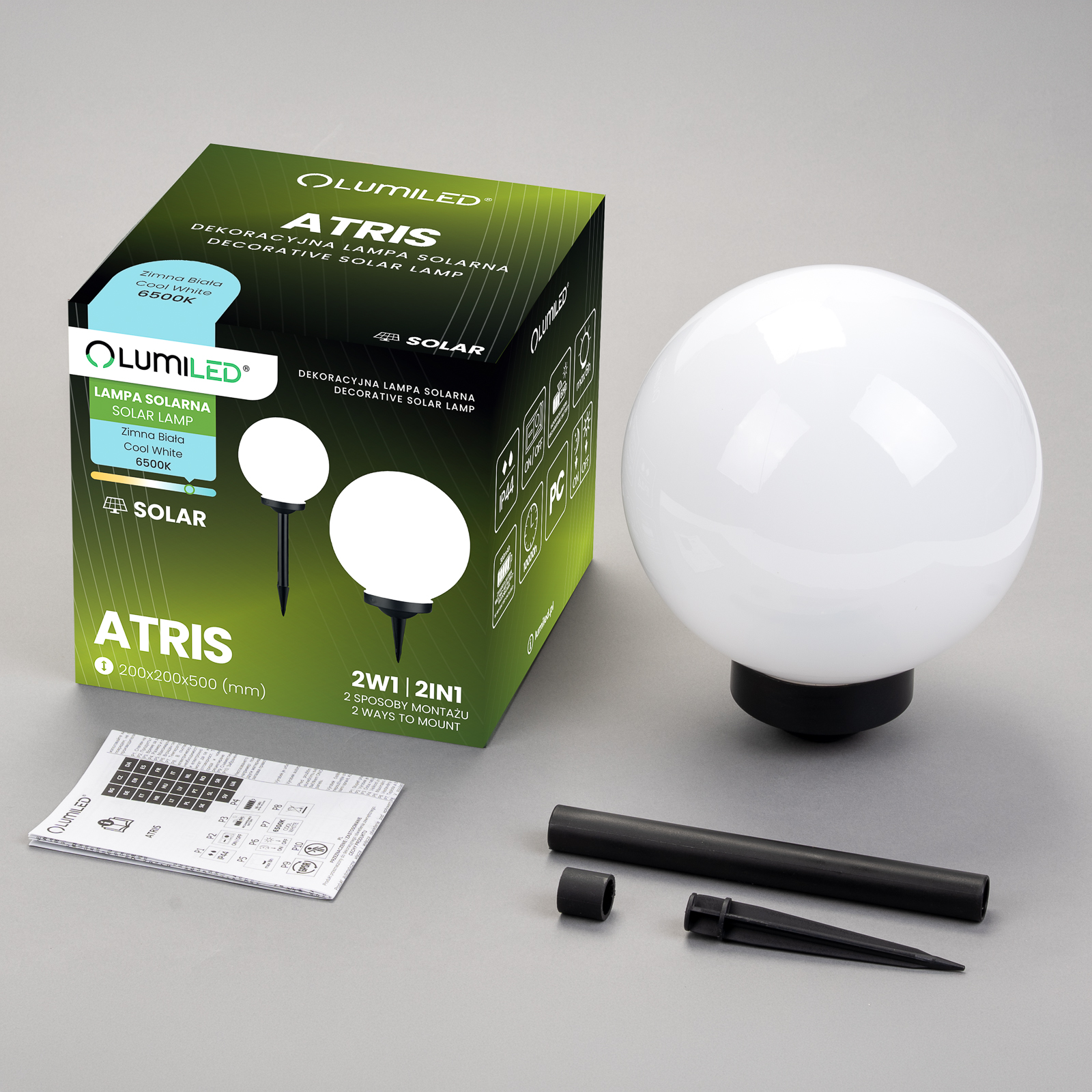 Lampa Solarna Ogrodowa LED 6500K IP44 20cm Wbijana Naziemna Biała Kulka ATRIS LUMILED - skład produktu