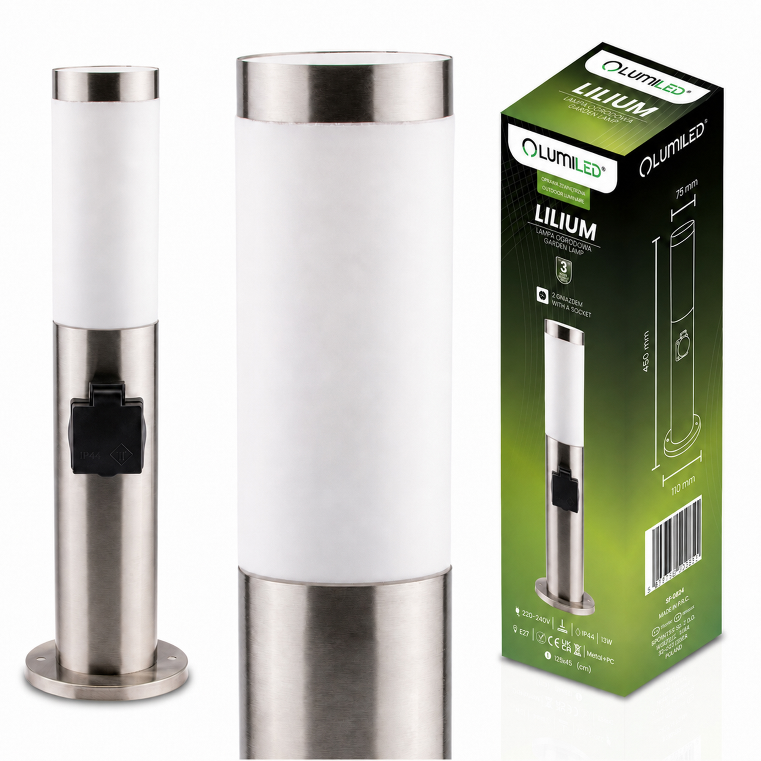 Lampa Ogrodowa Zewnętrzna E27 INOX SŁUPEK 45cm z Gniazdem 230V Lilium LUMILED - główne zdjęcie produktu