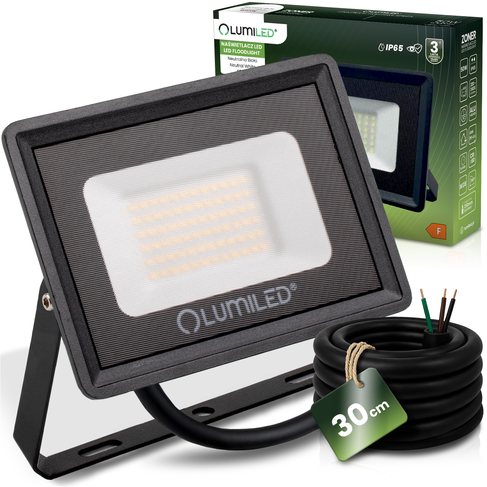 Naświetlacz LED ZONER 50W 5000LM 4000K IP65 Czarny LUMILED - główne zdjęcie produktu