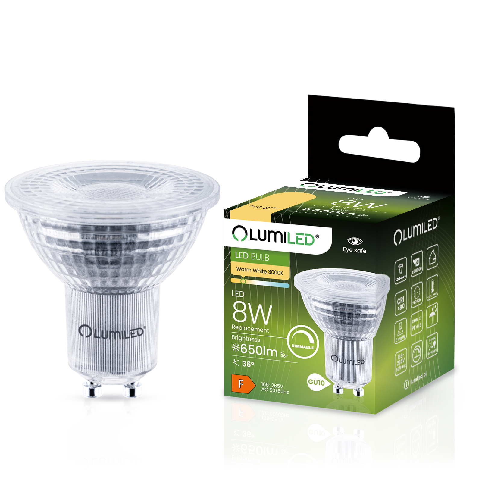 Żarówka LED GU10 Reflektor PAR16 8W = 80W 650lm 3000K Ciepła 36° Ściemnialna LUMILED - główne zdjęcie produktu
