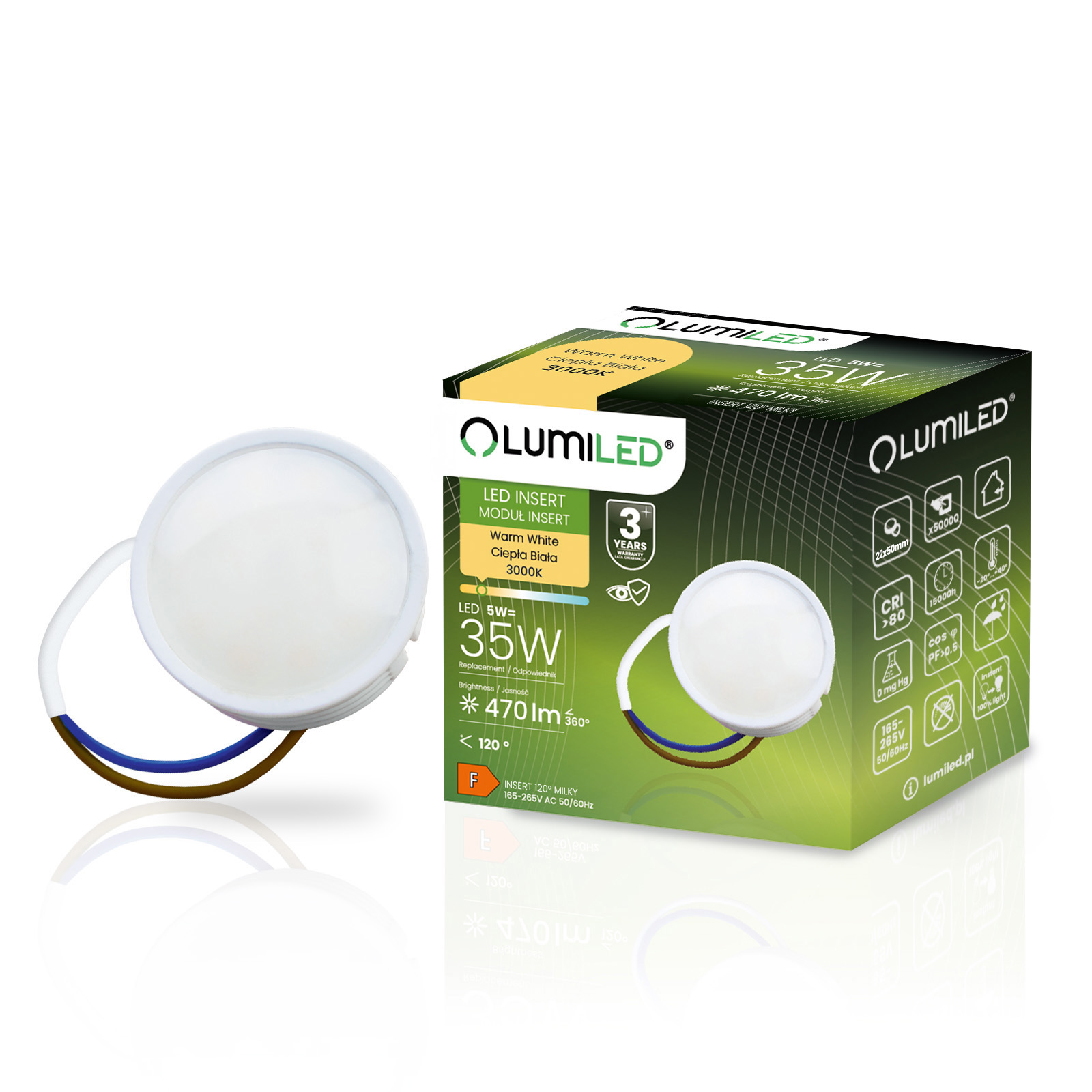 Wkład do Opraw LED Żarówka Moduł INSERT Reflektor 5W = 35W 470lm 3000K Ciepła 120° LUMILED - główne zdjęcie produktu