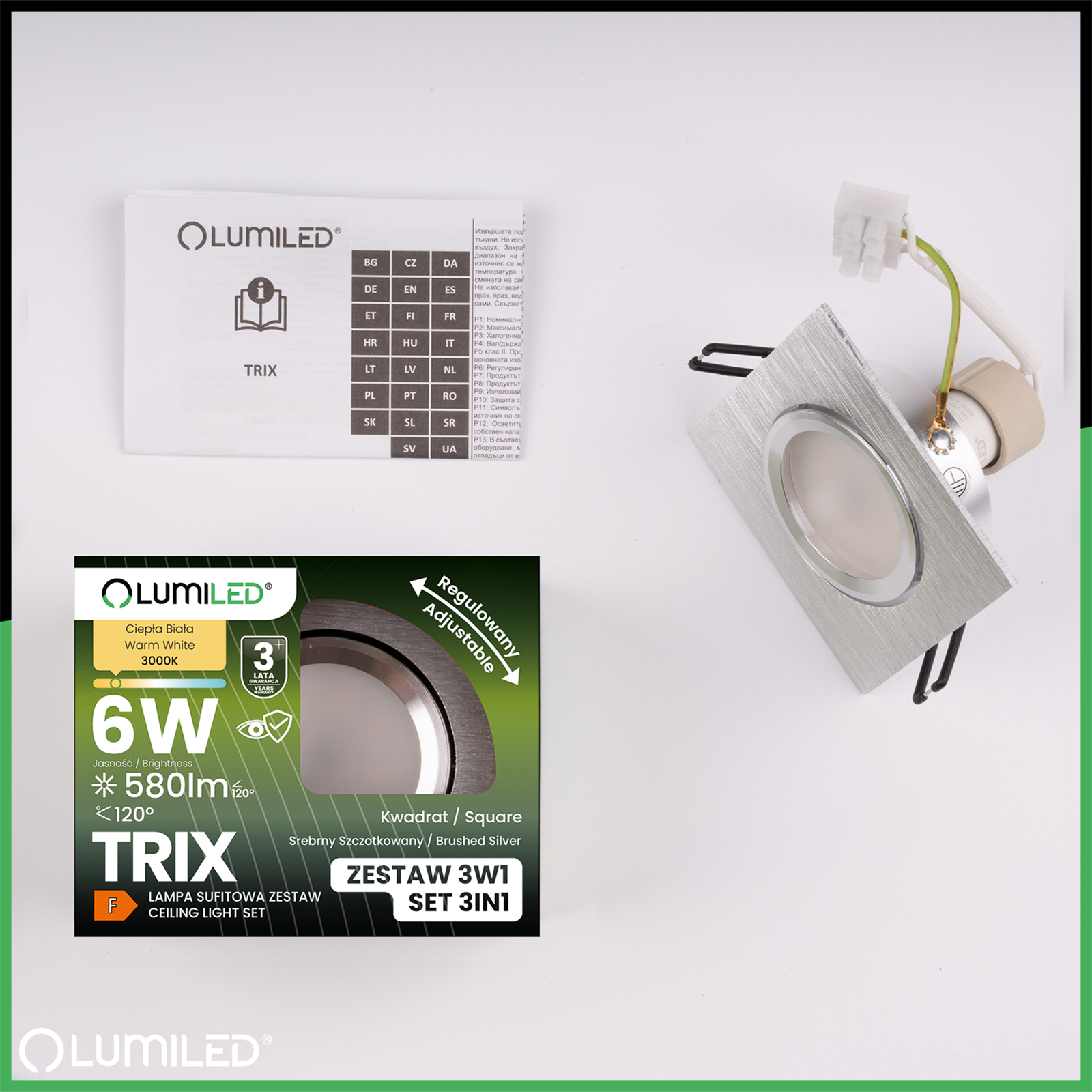 Oprawa Halogenowa Podtynkowa Kwadratowa Ruchoma TRIX 3w1 GU10 6W 4000K Srebrna Szczotkowana LUMILED - skład produktu