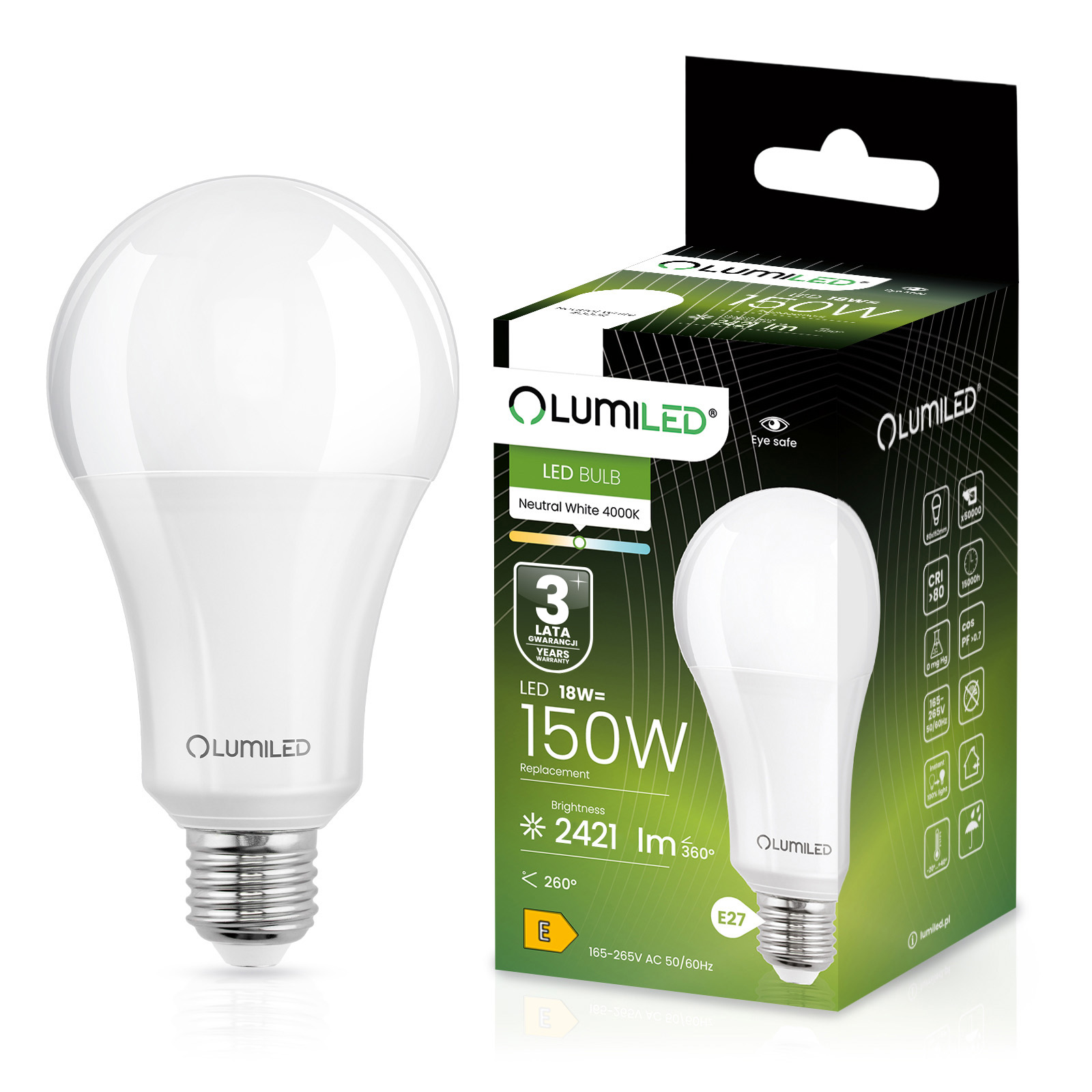 Żarówka LED E27 A70 18W = 150W 2421lm 4000K Neutralna 260° LUMILED - główne zdjęcie produktu
