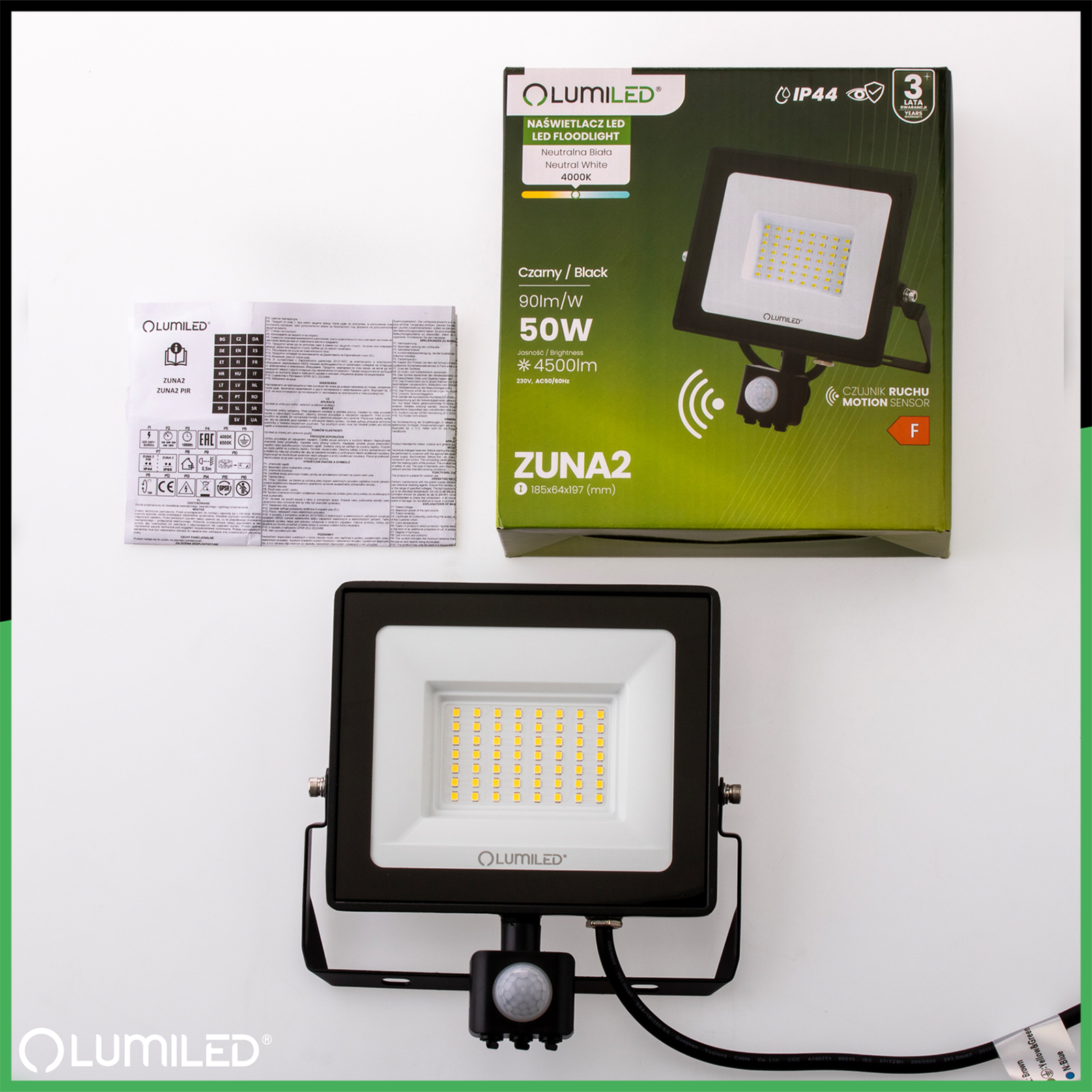 Naświetlacz LED ZUNA2 50W 4500lm 4000K IP44 Czarny Czujnik Ruchu LUMILED - skład produktu