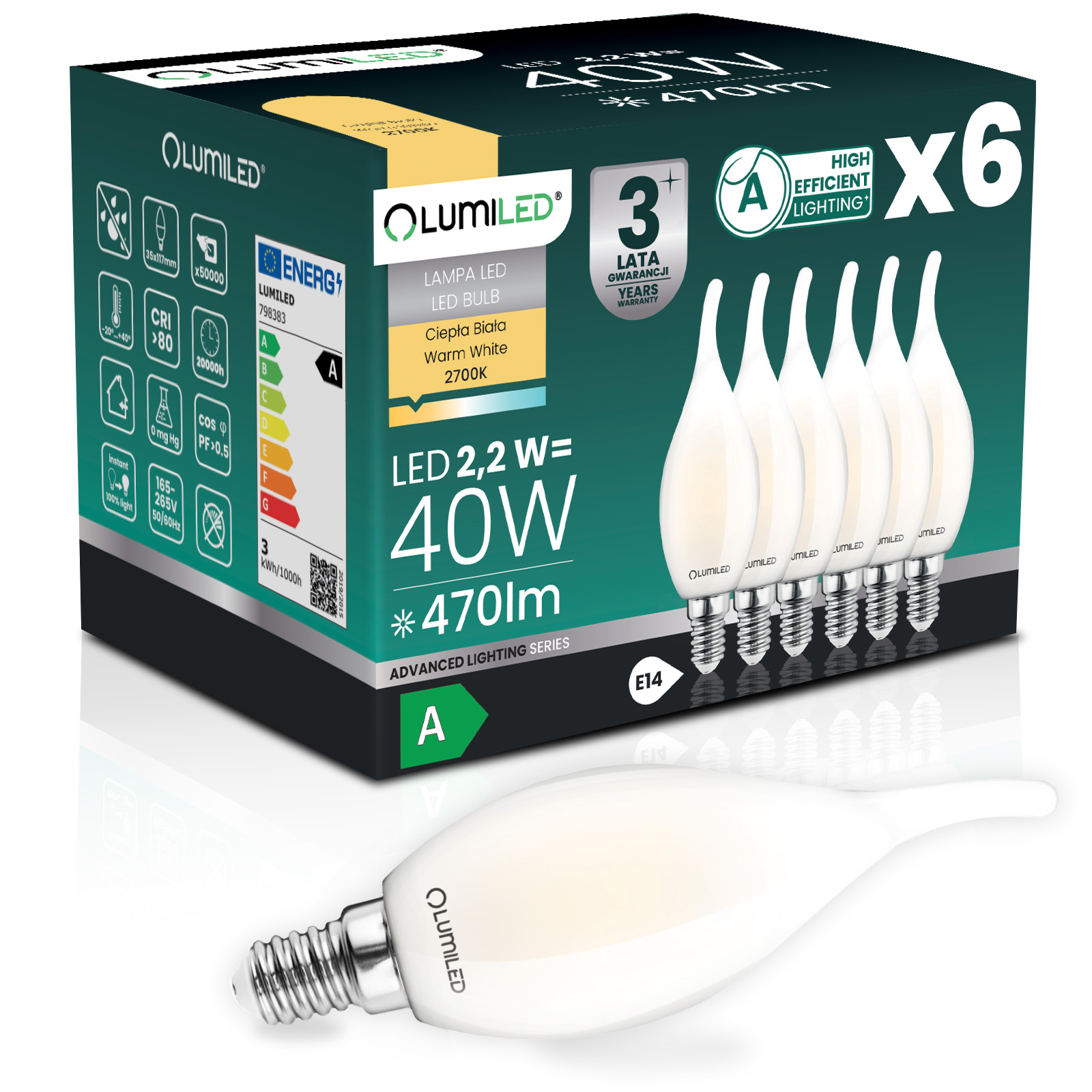6x Żarówka LED E14 Świeczka BA35 2,2W 470lm = 40W 2700K Ciepła 360° Filament KLASA A LUMILED - główne zdjęcie produktu