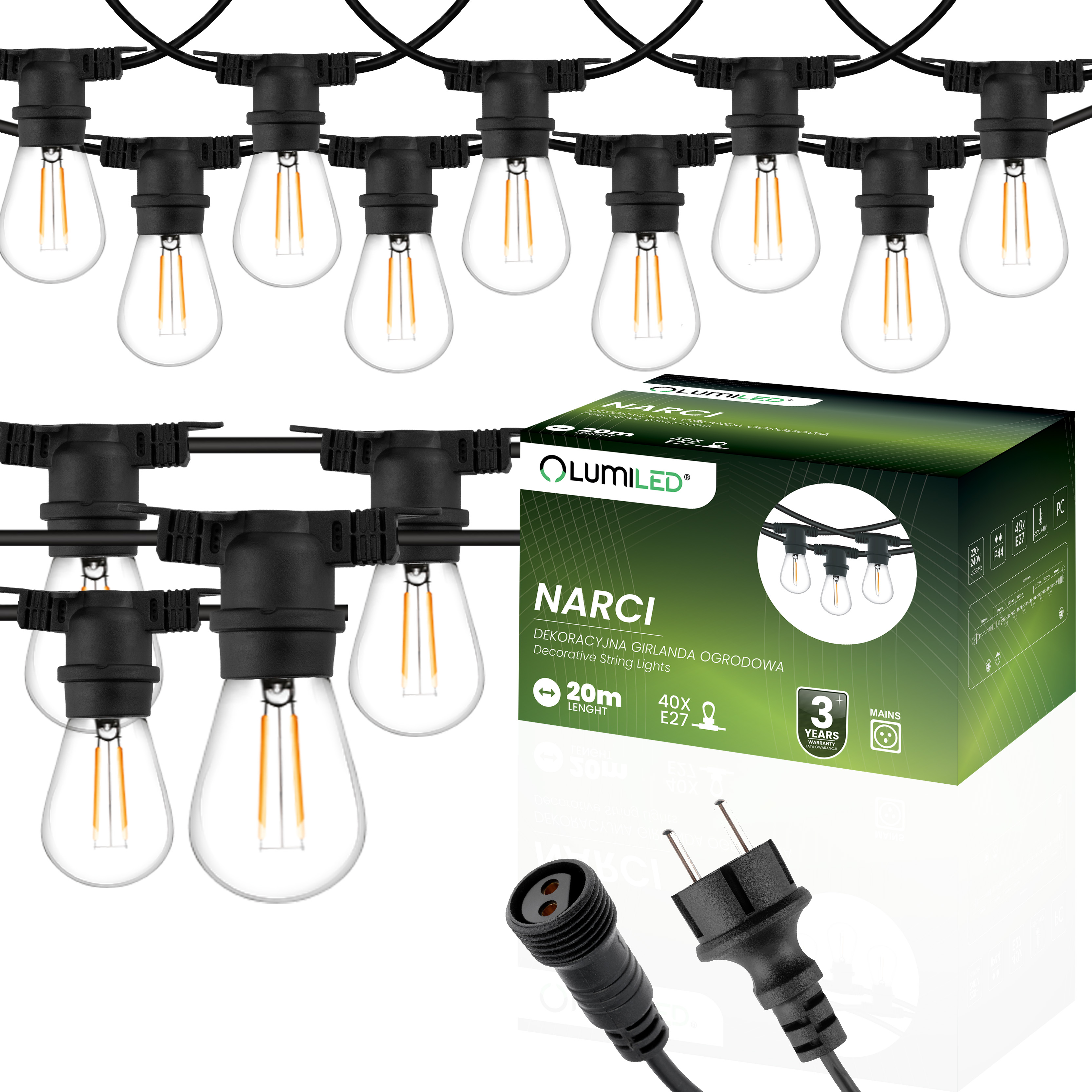 Girlanda Ogrodowa Zewnętrzna Łańcuch Świetlny 20m 40x E27 Żarówki 1W 2700K NARCI Lumiled - główne zdjęcie produktu