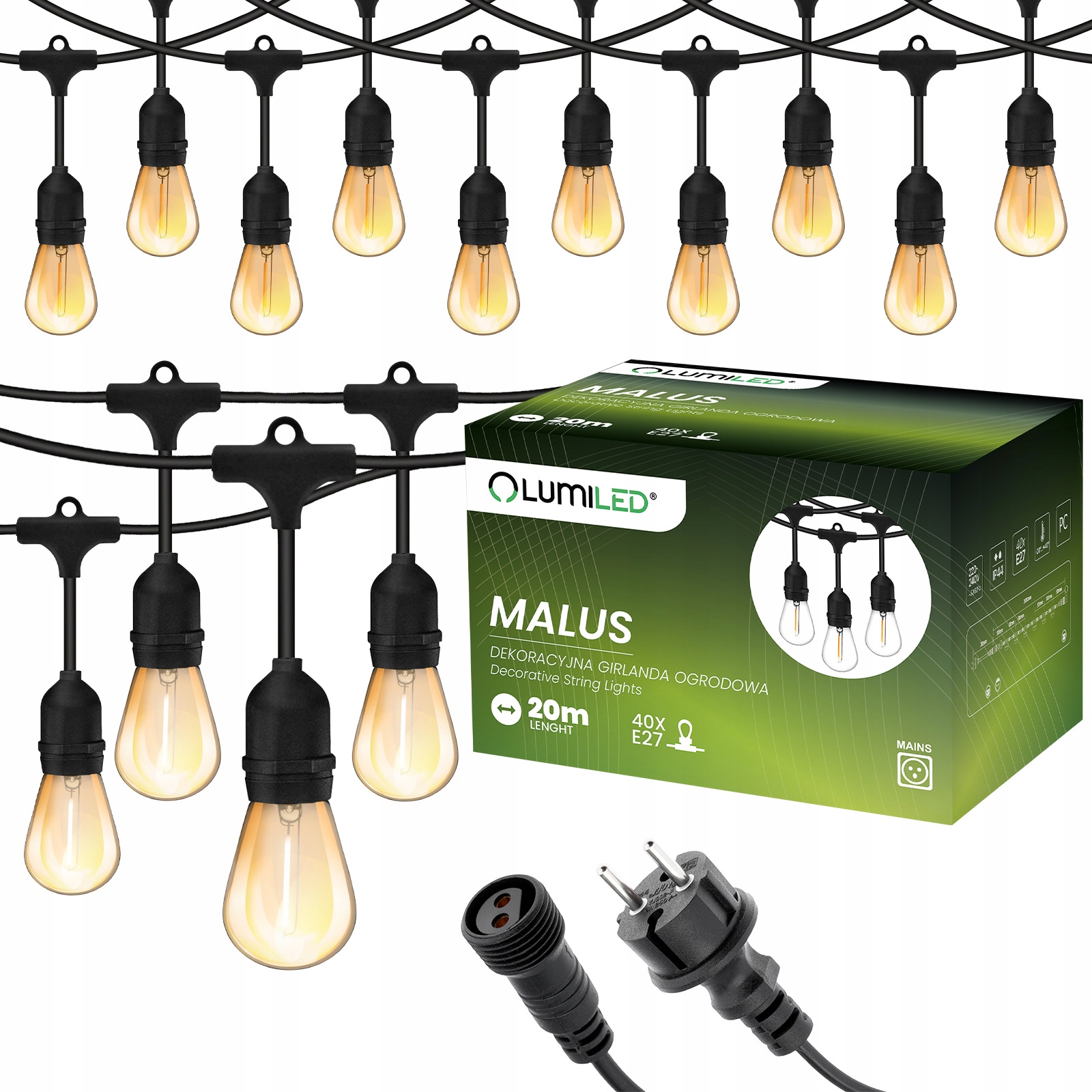 Girlanda Ogrodowa Zewnętrzna Łańcuch Świetlny 20m 40x E27 Żarówki 1,3W 2200K MALUS Lumiled - główne zdjęcie produktu