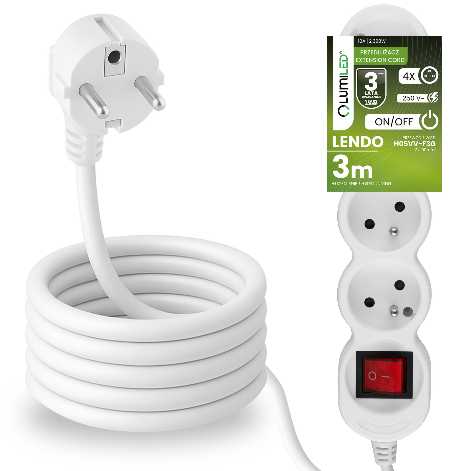 Przedłużacz Sieciowy Kabel z Uziemieniem Listwa Zasilająca 4 Gniazda 3m Włącznik ON/OFF Biały Sznur Lendo Lumiled - główne zdjęcie produktu
