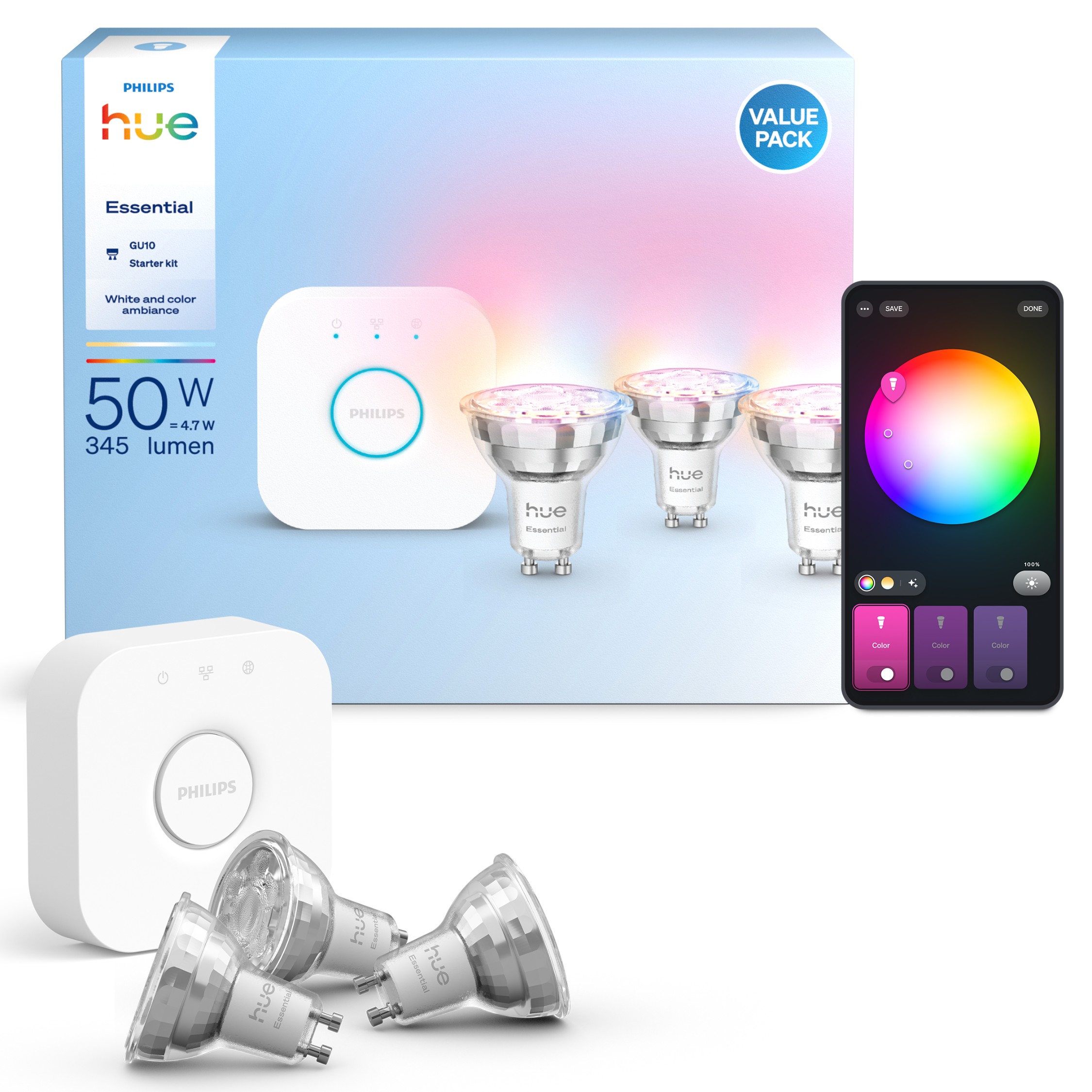 3x Żarówka LED GU10 Reflektor PAR16 4,7W = 50W 345lm 2200-6500K CCT + RGB SMART Inteligentna Bluetooth ZigBee White and Color Ambiance + Mostek Bridge Zestaw Startowy Philips HUE - główne zdjęcie produktu