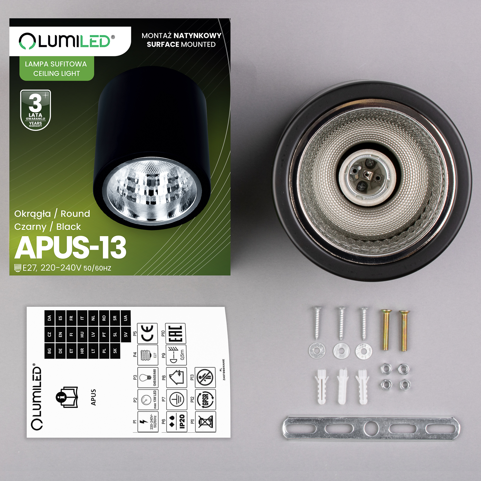 Oprawa Sufitowa Natynkowa Stała Okrągła APUS 13 Spot TUBA Czarna E27 - skład produktu