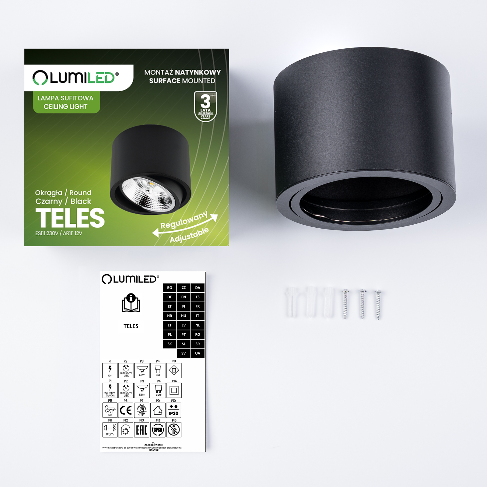 Oprawa Natynkowa HALOGENOWA SPOT TUBA Ruchoma GU10 ES111 Okrągła Czarna 100mm TELES LUMILED - skład produktu