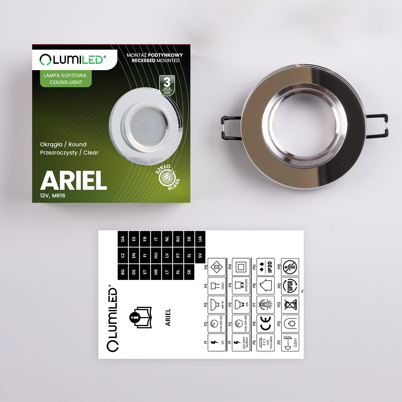 Oprawa halogenowa SZKLANA Sufitowa LED GU10 MR16 stała Okrągła Ariel przeźroczysta - skład produktu