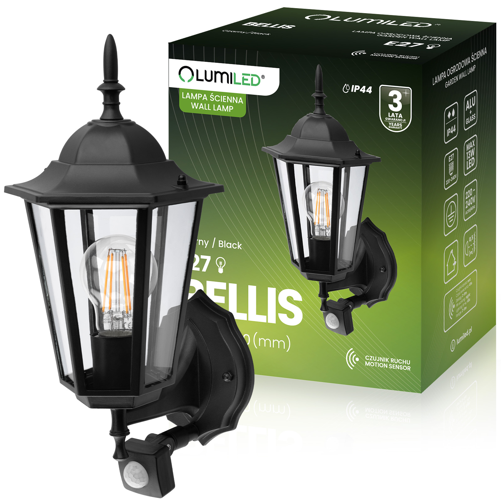 Lampa Ogrodowa Kinkiet Elewacyjny Zewnętrzny E27 LED Latarnia Czujnik Ruchu BELLIS Czarna LUMILED - główne zdjęcie produktu