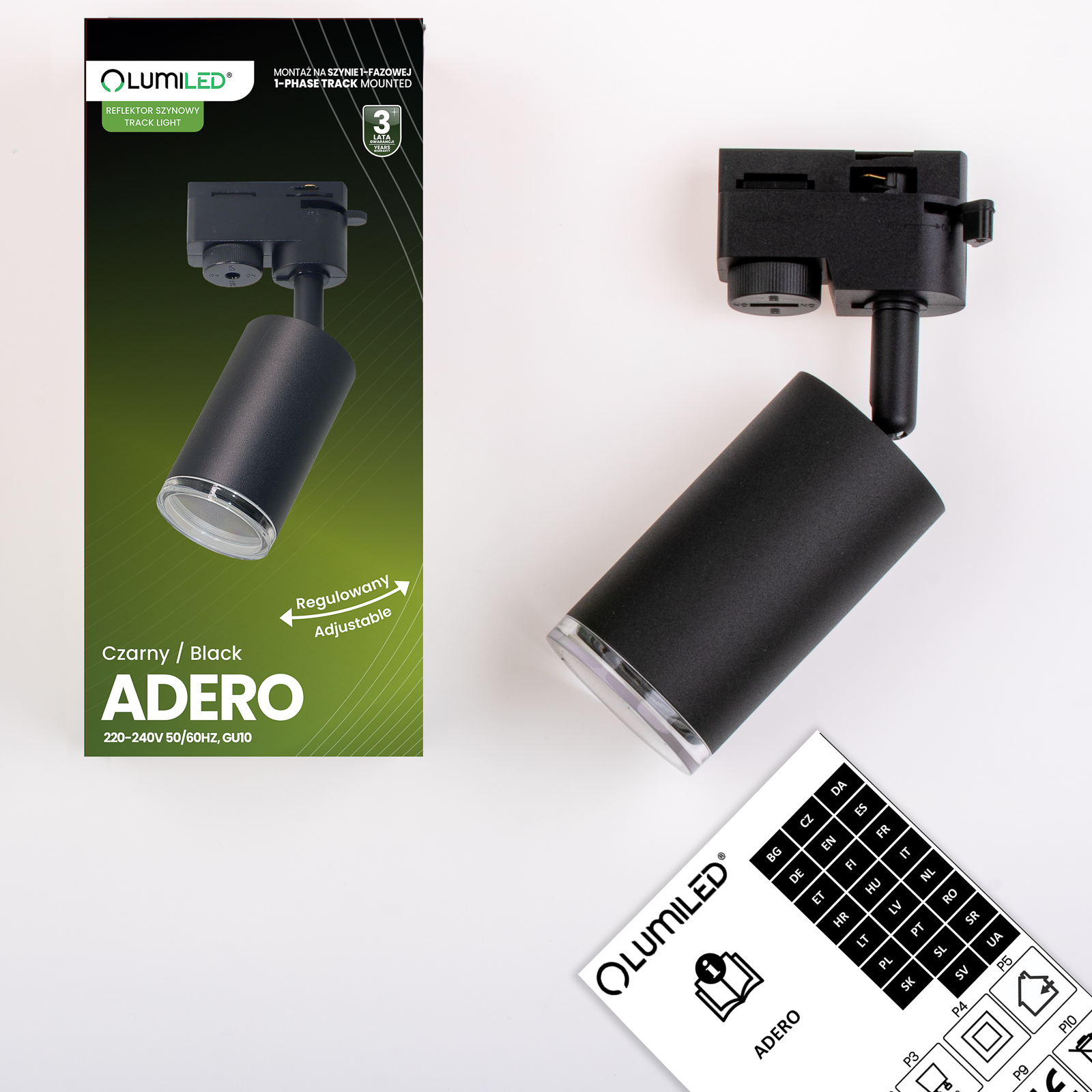 Lampa Sufitowa Szynoprzewód Szyna Spot Reflektor Szynowy GU10 LED ADERO Czarny LUMILED - skład produktu