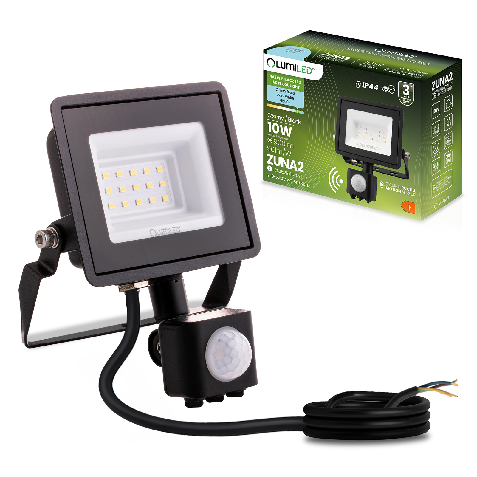 Naświetlacz LED ZUNA2 10W 900lm 6500K IP44 Czarny Czujnik Ruchu LUMILED - główne zdjęcie produktu