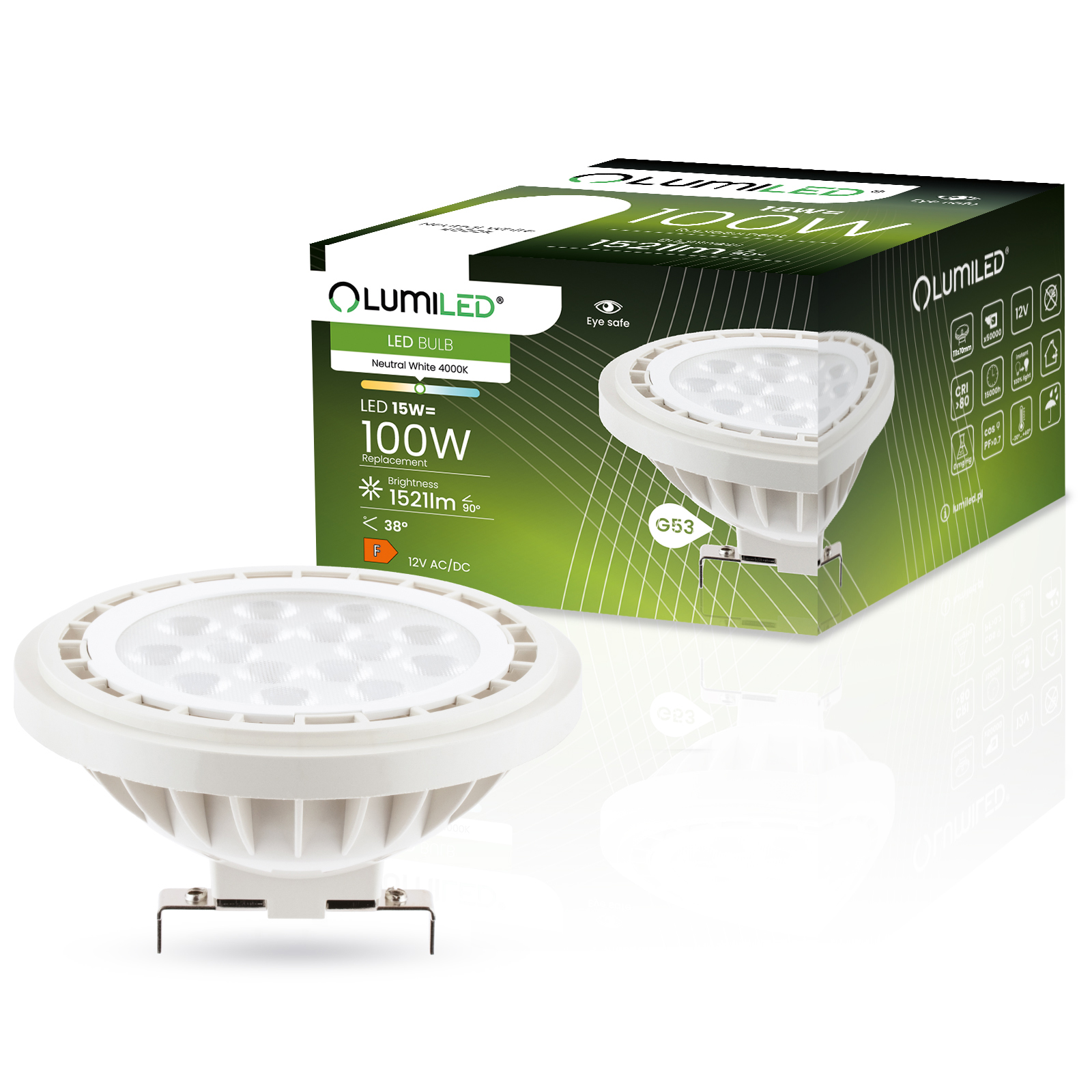 Żarówka LED G53 Reflektor AR111 15W = 100W 1521lm 4000K Neutralna 38° 12V LUMILED - główne zdjęcie produktu