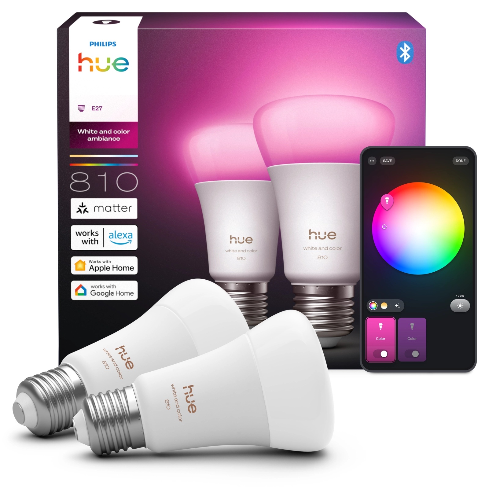 2x Żarówka LED E27 A60 6W = 60W 810lm 1800-20000K CCT + RGB SMART Inteligentna Bluetooth ZigBee White and Color Ambiance Philips HUE - główne zdjęcie produktu