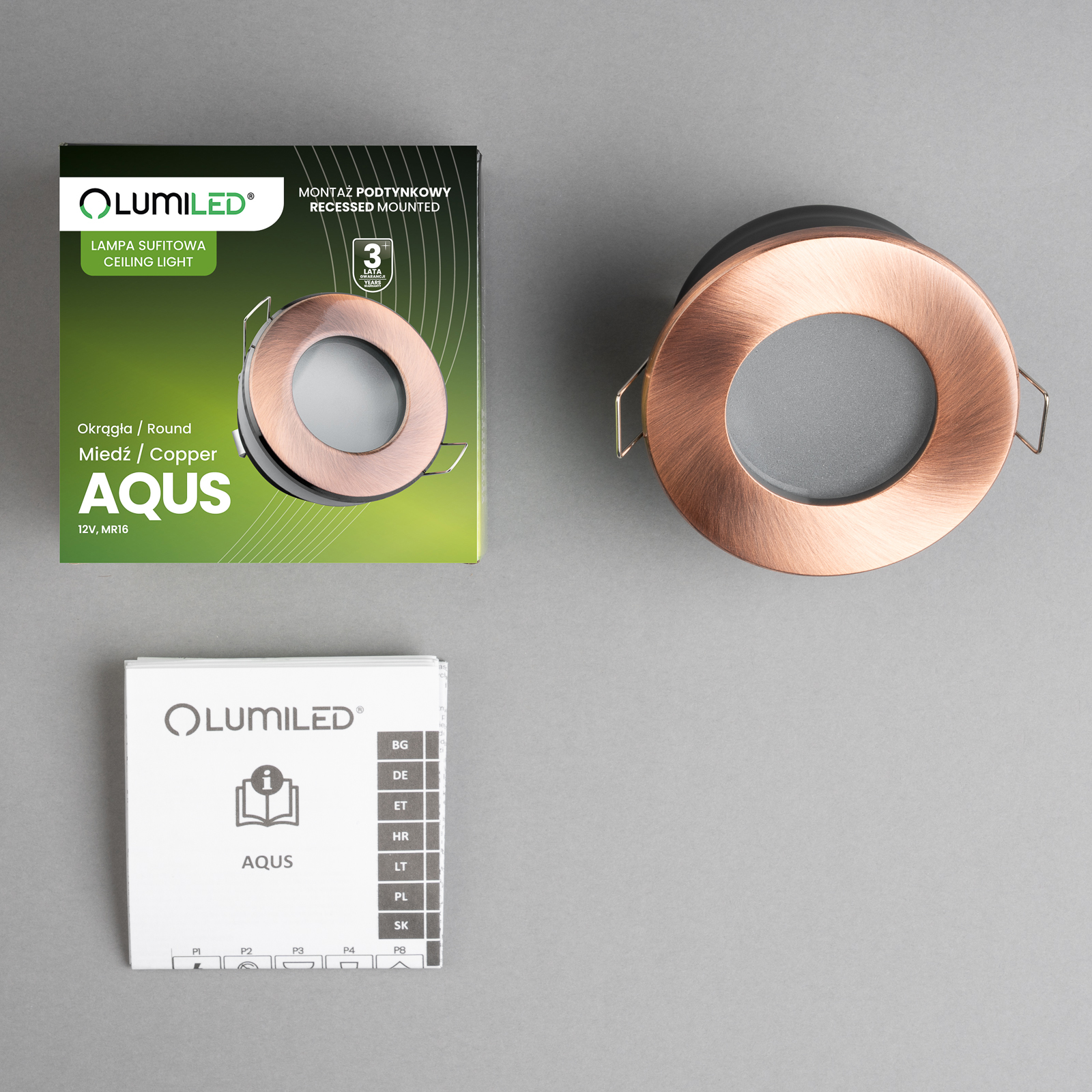 Oprawa Halogenowa Podtynkowa Wpuszczana LED MR16 Okrągła Miedziana AQUS Lumiled - skład produktu