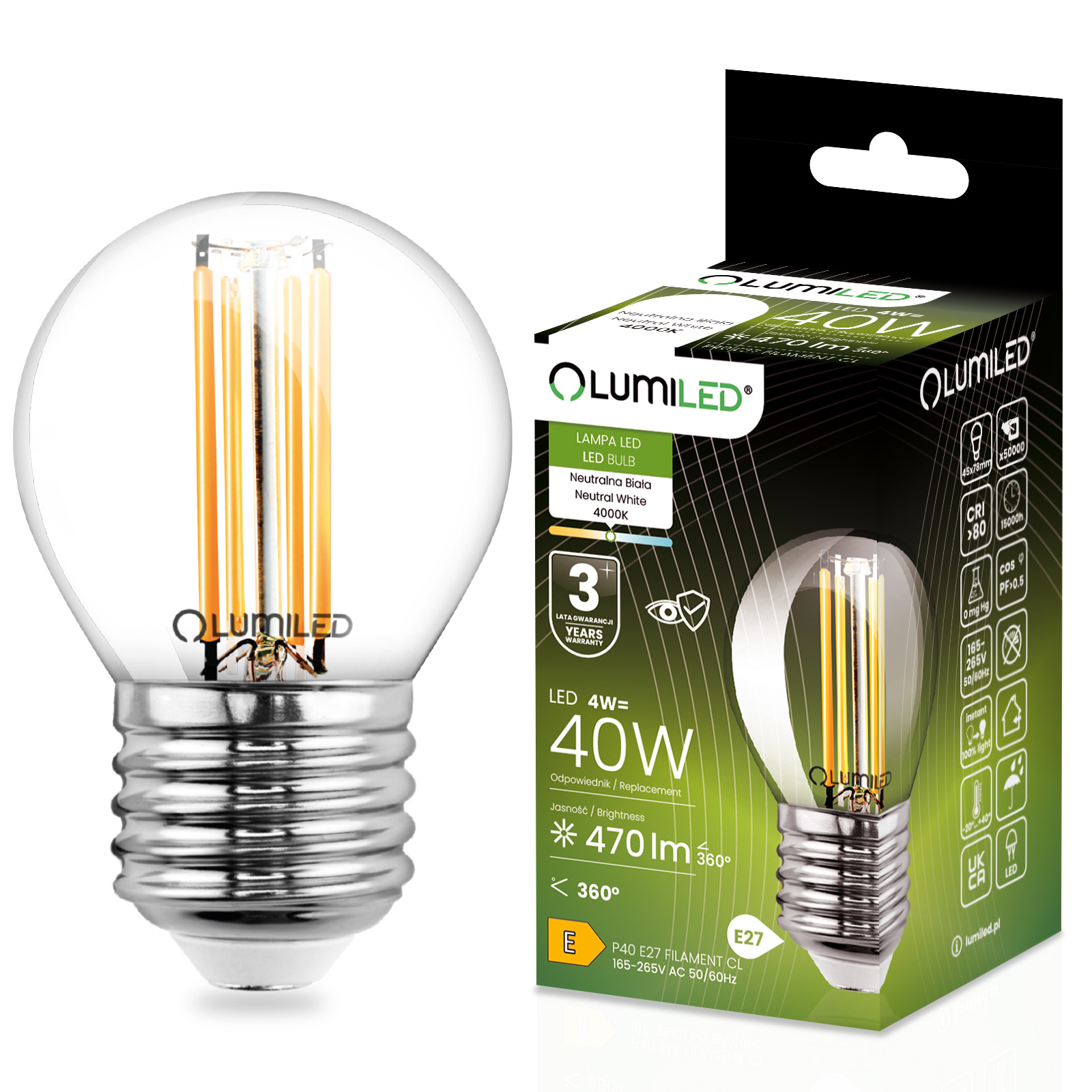 Żarówka LED E27 Kulka P45 4W = 40W 470lm 4000K Neutralna 360° FILAMENT LUMILED - główne zdjęcie produktu