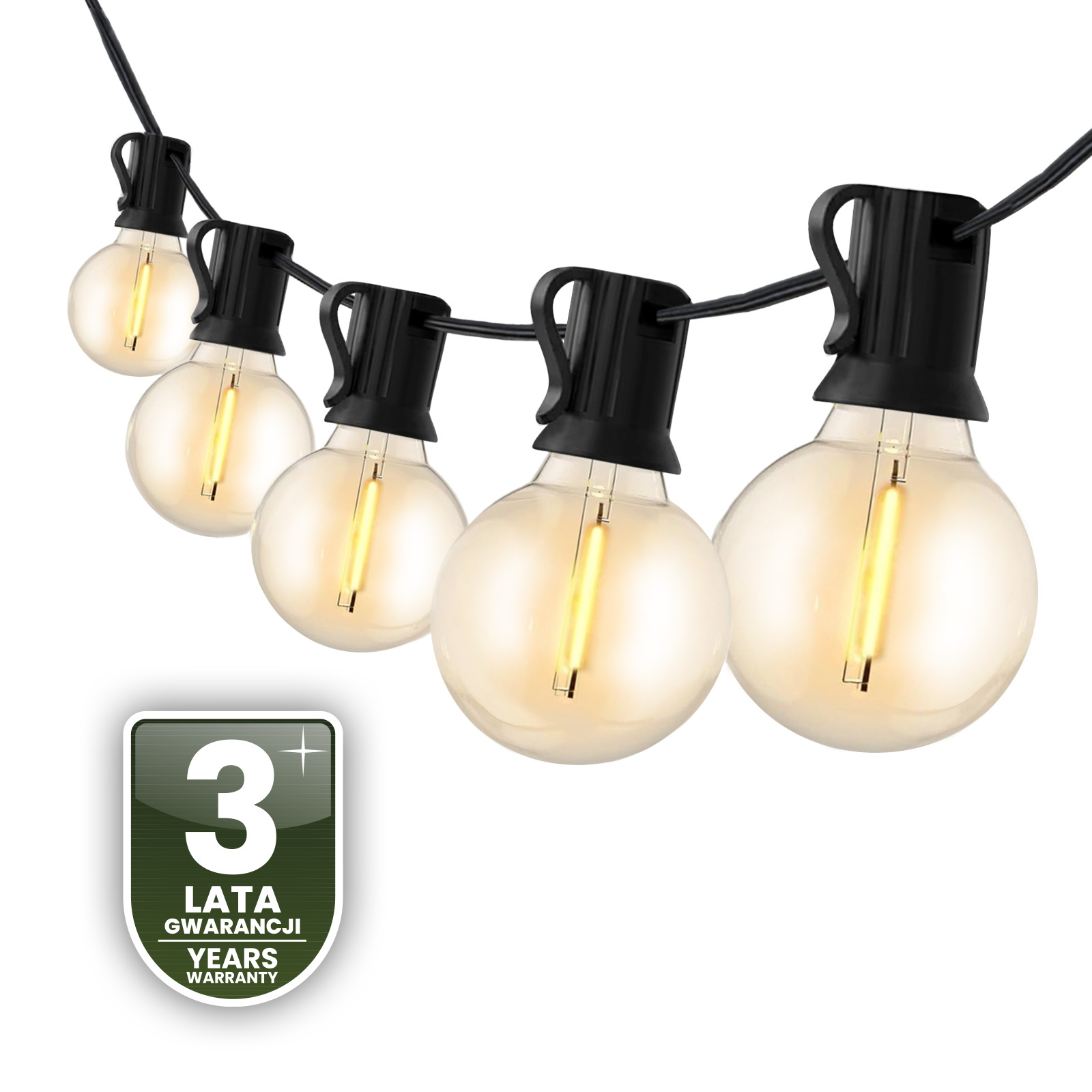 Girlanda Ogrodowa Zewnętrzna Łańcuch Świetlny 20m 60x LED + 2 Żarówki 12W Ciepła 2700K DOLLIS2 LUMILED - trzecia cecha produktu