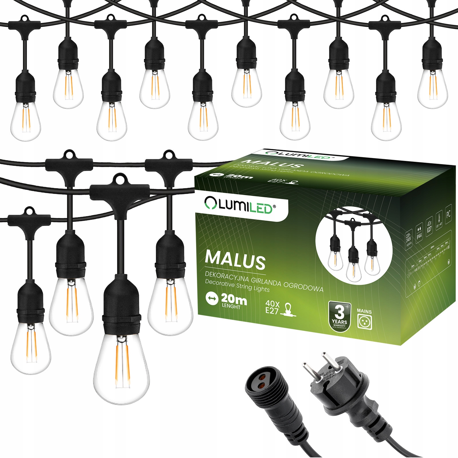 Girlanda Ogrodowa Zewnętrzna Łańcuch Świetlny 20m 40x E27 Żarówki 2W 3000K MALUS Lumiled - główne zdjęcie produktu
