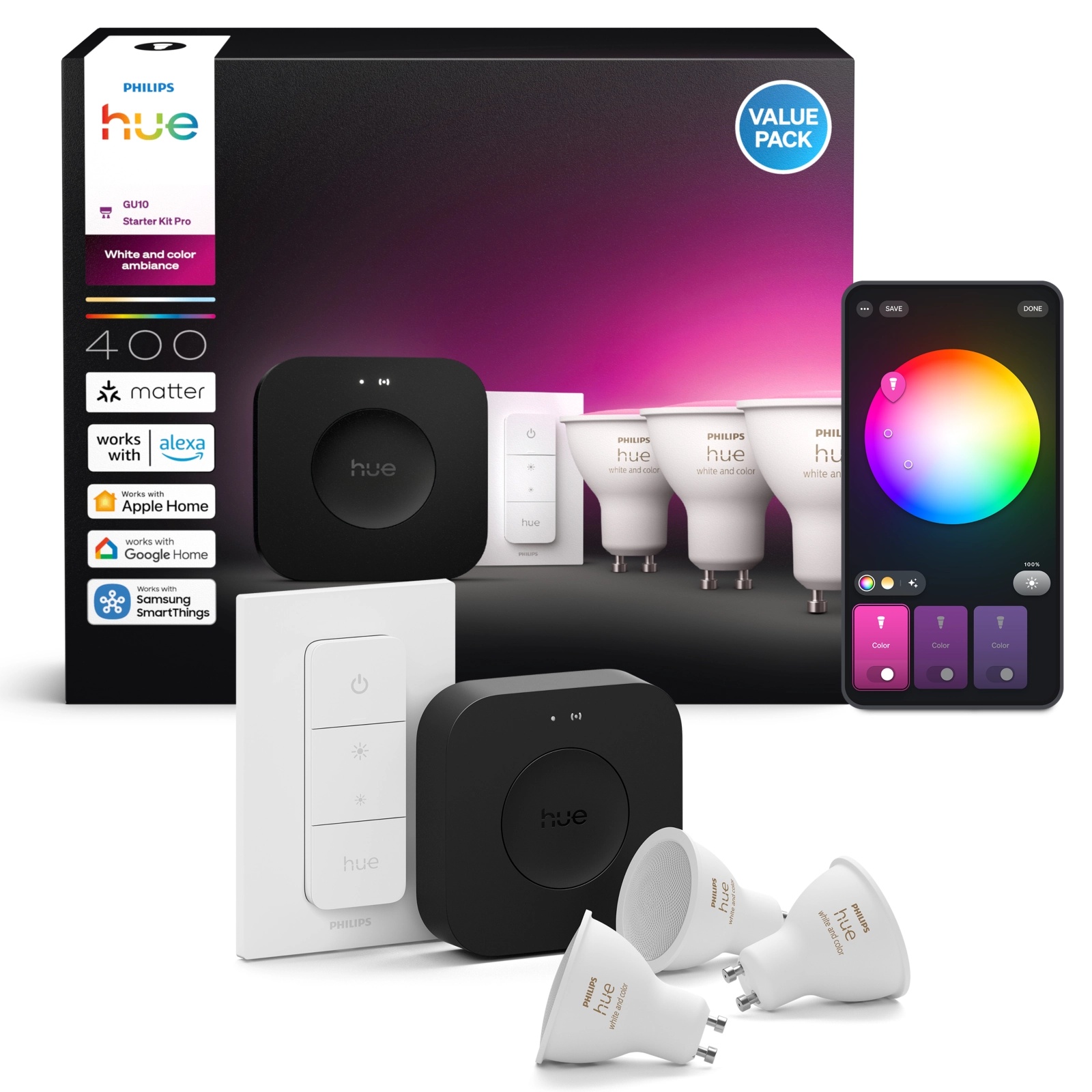 3x Żarówka LED GU10 Reflektor PAR16 4.2W = 50W 400lm CCT + RGB SMART Inteligentna Bluetooth ZigBee White and Color Ambiance + Mostek Bridge PRO + Regulator Pilot Philips HUE - główne zdjęcie produktu