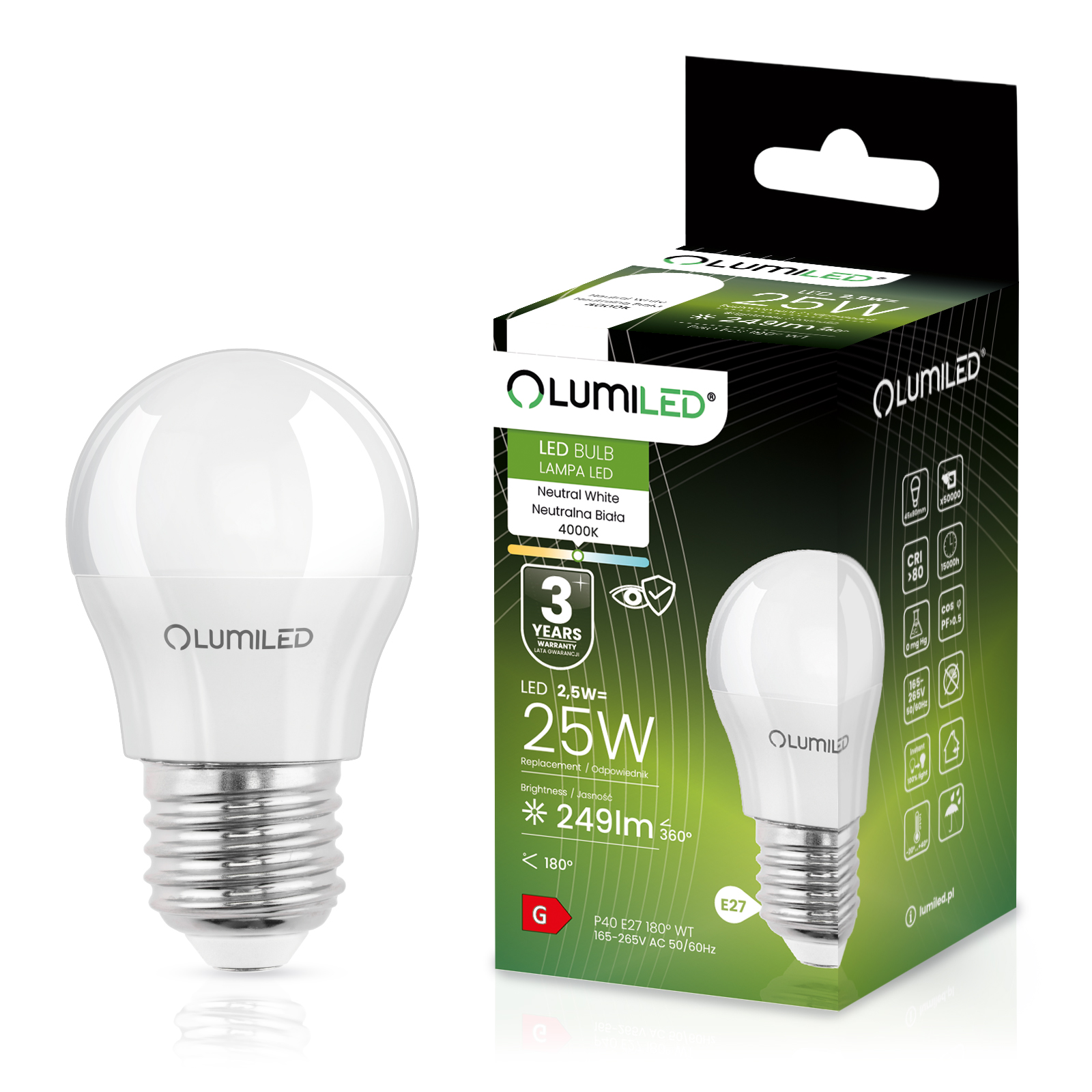 Żarówka LED E27 Kulka P45 2,5W = 25W 249lm 4000K Neutralna 180° LUMILED - główne zdjęcie produktu