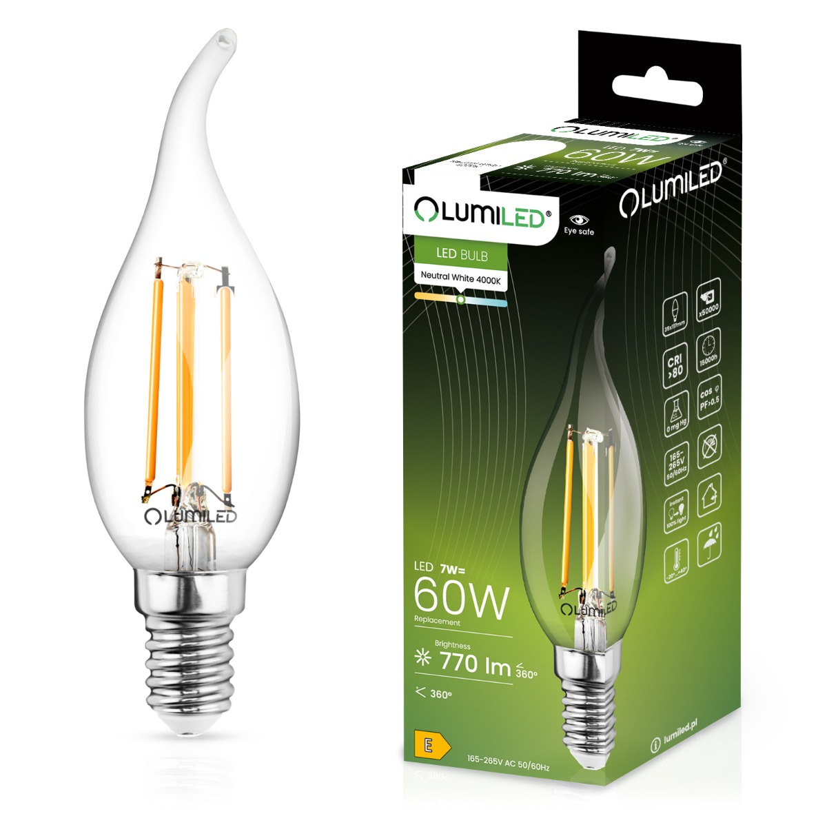 Żarówka LED E14 Świeczka BA35 7W = 60W 806lm 4000K Neutralna 360° FILAMENT LUMILED - główne zdjęcie produktu