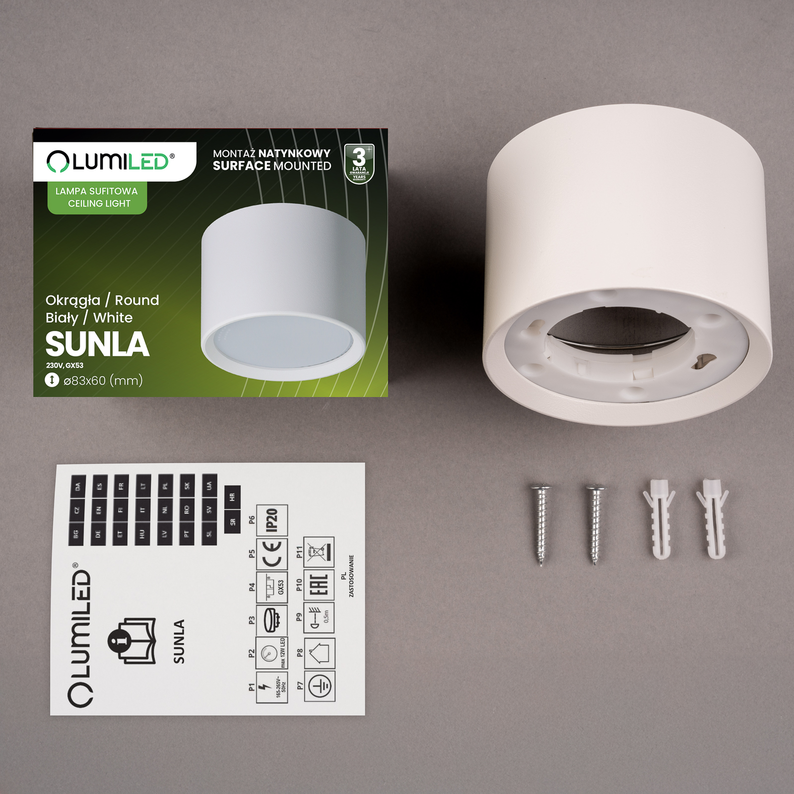 Oprawa HALOGENOWA Natynkowa SUNLA Tuba Gx53 LED Spot Kinkiet Sufitowa Walec Biały LUMILED - skład produktu