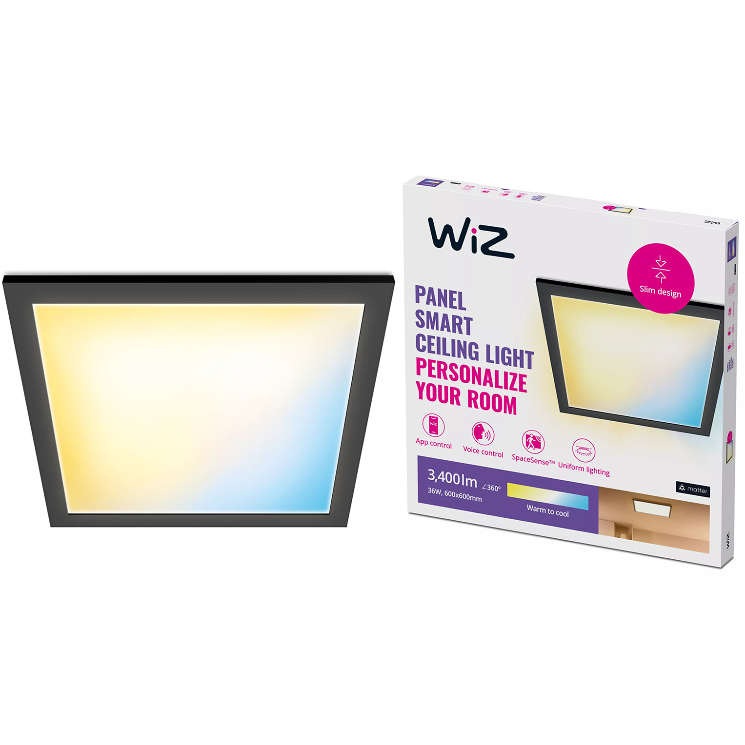 Panel LED Lampa Sufitowa Natynkowa 36W 3400lm 2700-6500K TW 60x60 cm Czarna Kwadratowa Inteligentna SMART WiFi Bluetooth Aplikacja WiZ - główne zdjęcie produktu