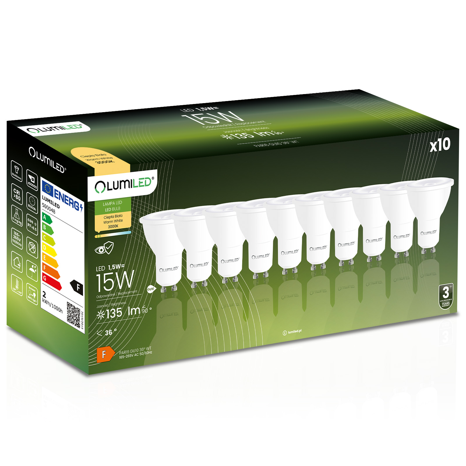 10x Żarówka LED GU10 Reflektor PAR16 1,5W = 15W 135lm 3000K Ciepła 36° LUMILED - główne zdjęcie produktu