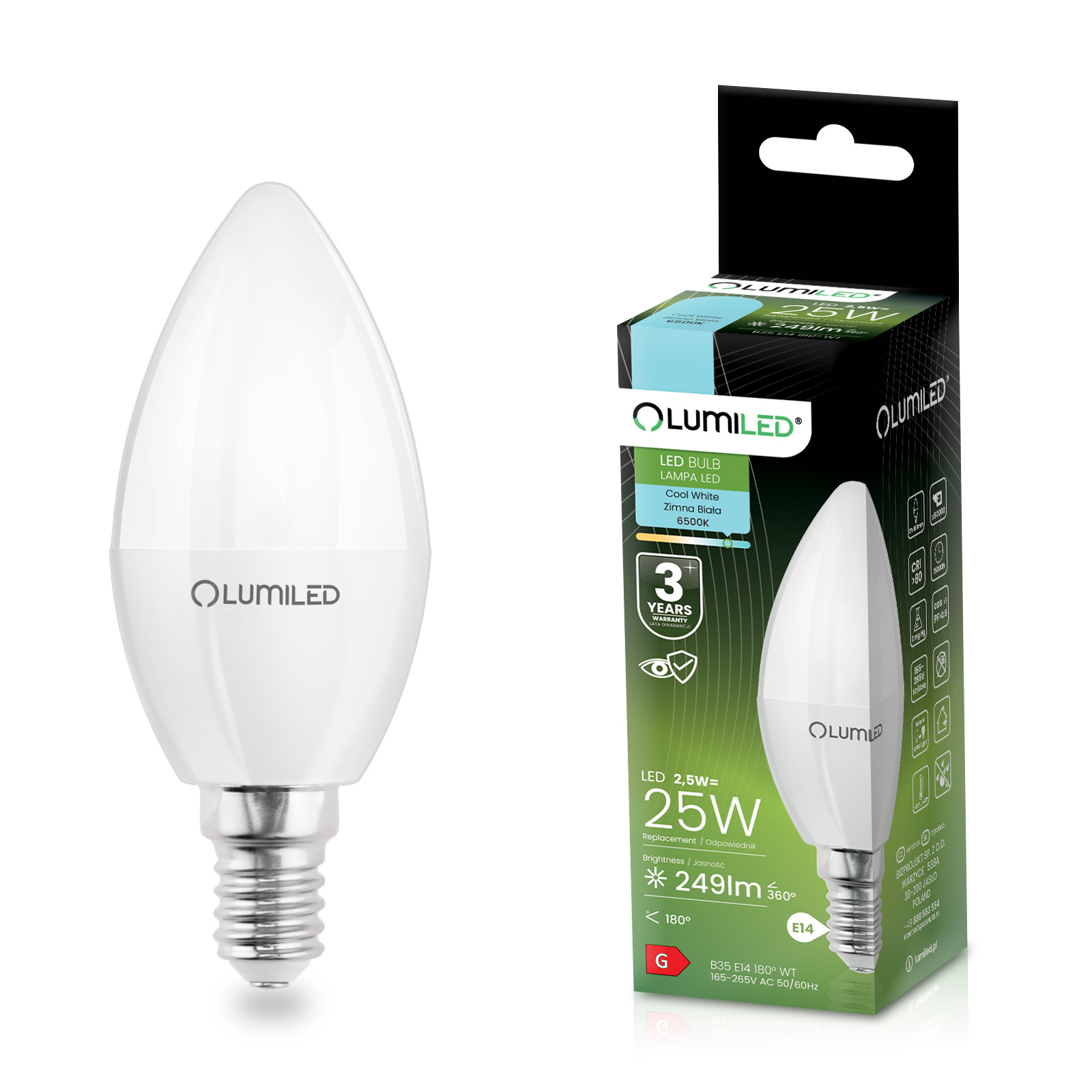 Żarówka LED E14 Świeczka B35 2,5W = 25W 249lm 6500K Zimna 180° LUMILED - główne zdjęcie produktu